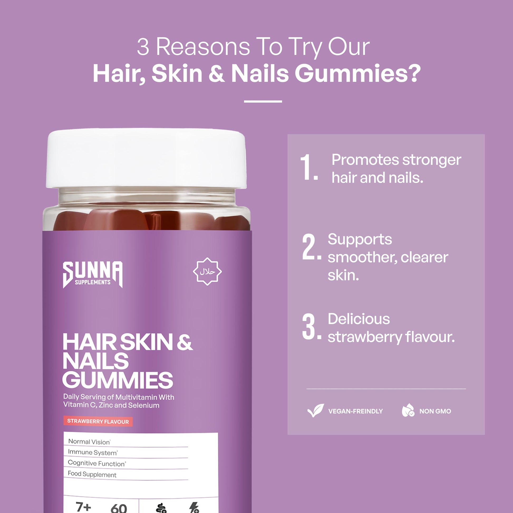 SUNNA SUPPLEMENTS Halal Hair, Skin & Nails Gummies – Biotin, Zinc & multivitamins Gummies for Hair Growth, Strong Nails & Radiant Skin – Gelatin-Free, Vegan Hair Vitamins for Women & Men – 60 Gummies - Medaid International