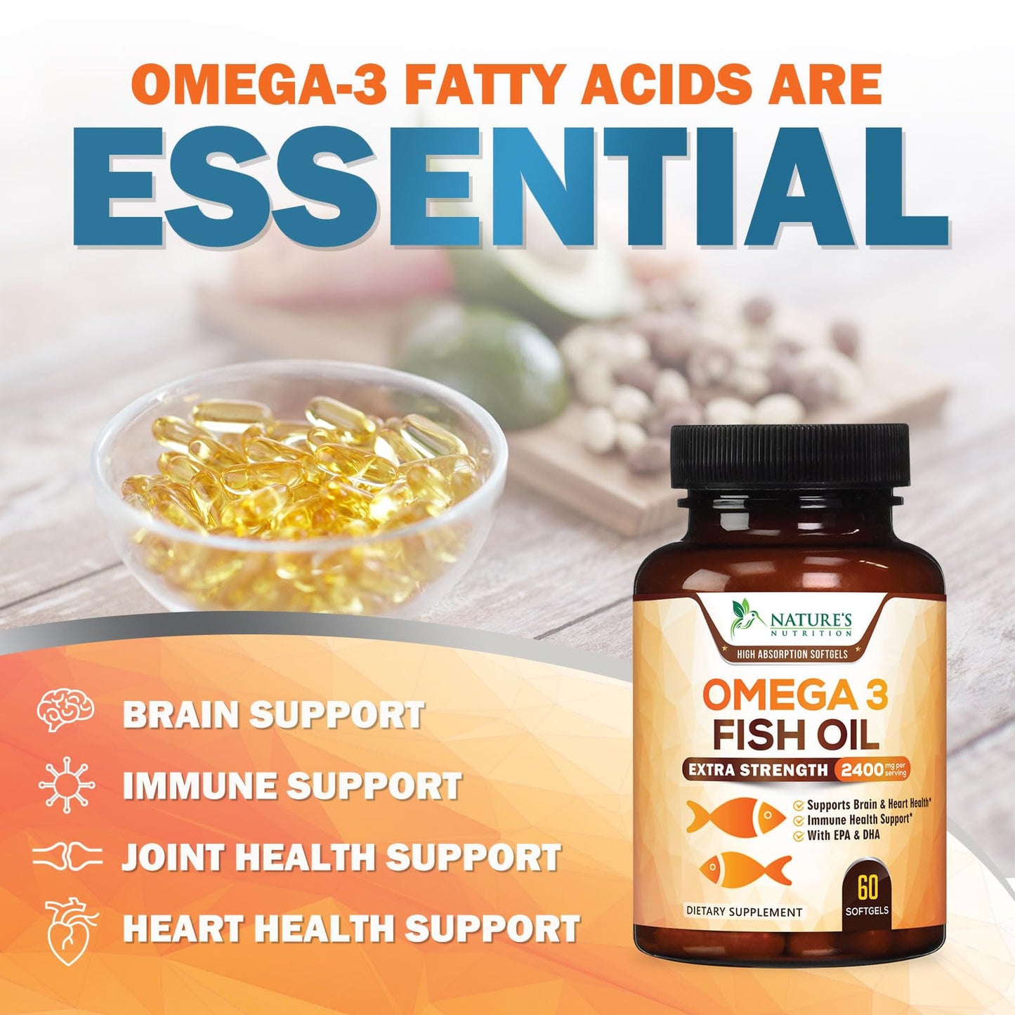 Omega 3 Fish Oil 2400 mg – Triple Strength EPA & DHA Fatty Acids for Heart, Brain & Joint Support – Wild-Caught, Burpless, Lemon Flavor Supplement – Natural, Non-GMO, Gluten-Free – 60 Softgels - Medaid International