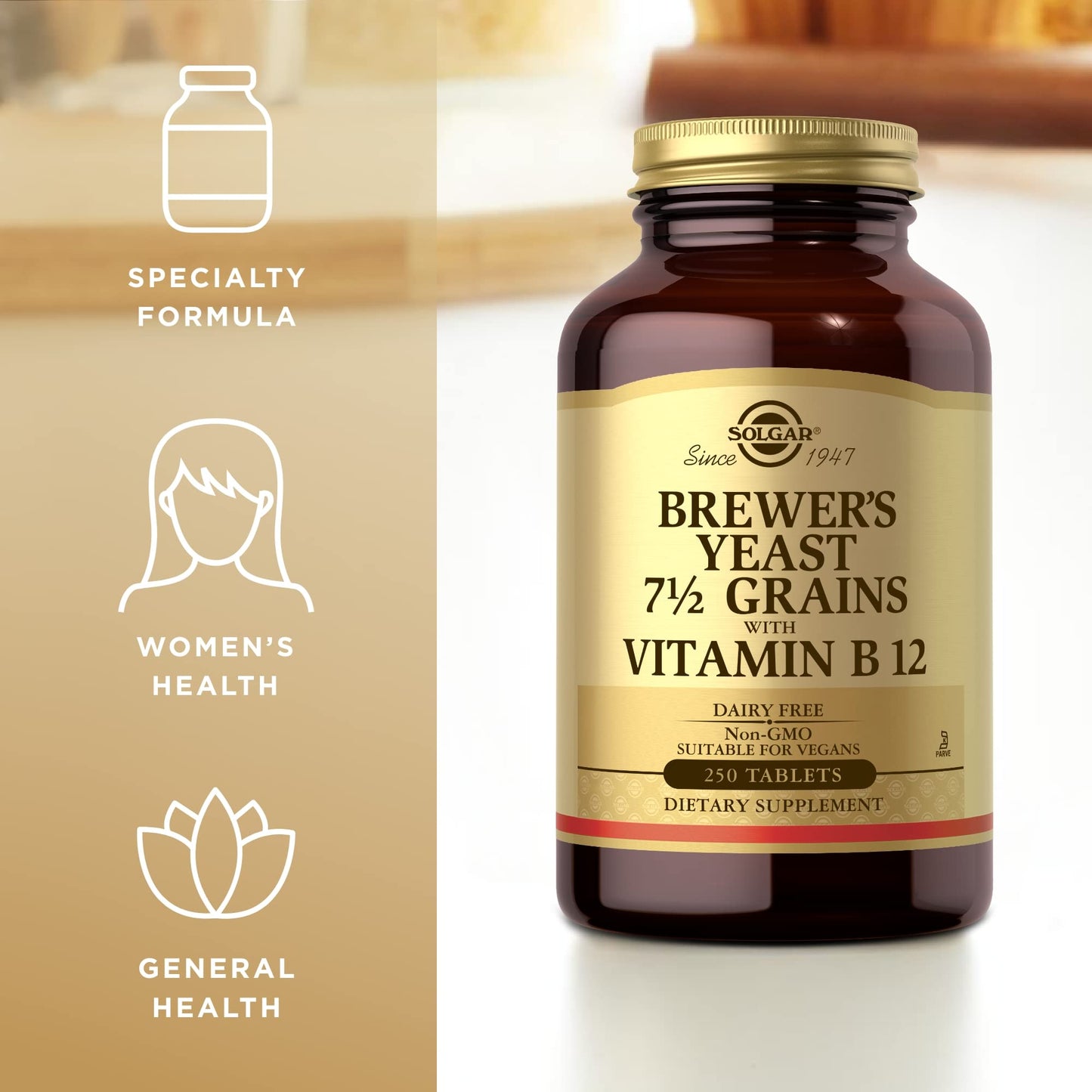 Solgar Brewer's Yeast 7 ½ Grains with Vitamin B12 - 250 Tablets - Non-GMO, Vegan, Dairy Free, Kosher - 41 Servings - Medaid International