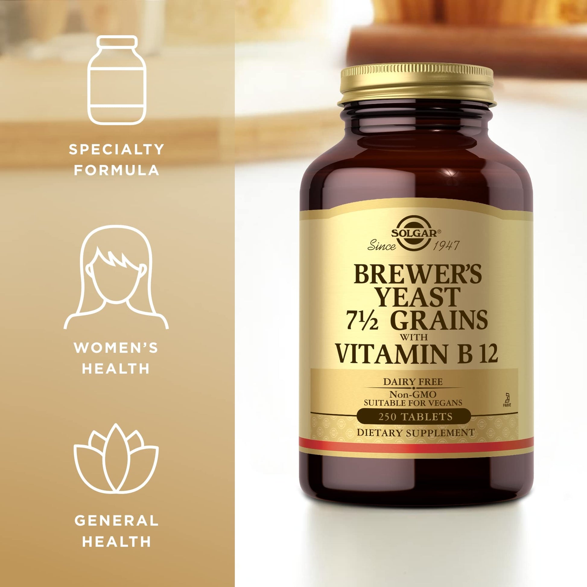 Solgar Brewer's Yeast 7 ½ Grains with Vitamin B12 - 250 Tablets - Non-GMO, Vegan, Dairy Free, Kosher - 41 Servings - Medaid International