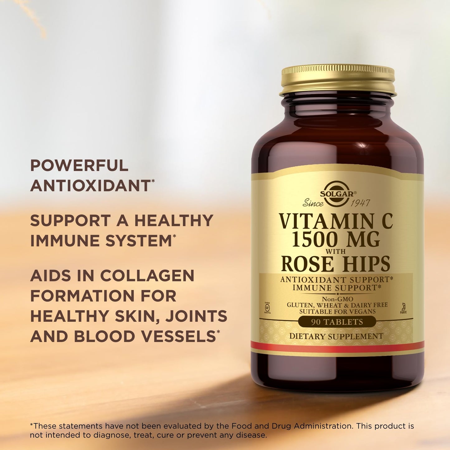 Solgar Vitamin C 1500 mg with Rose HIPS, 90 Tablets - Antioxidant & Immune Support - Overall Health - Supports Healthy Skin & Joints - Non-GMO, Vegan, Gluten Free, Dairy Free, Kosher - 90 Servings - Medaid International