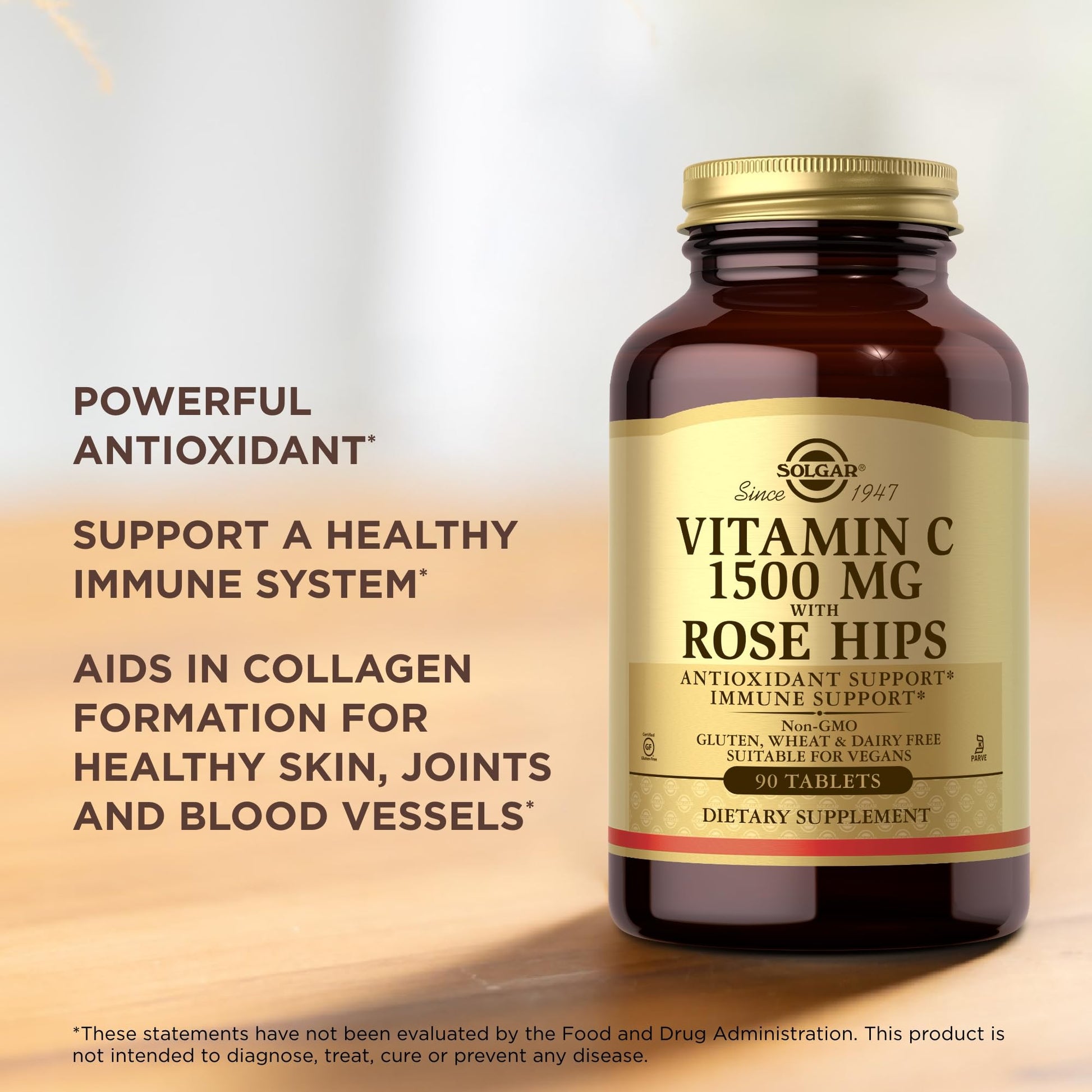 Solgar Vitamin C 1500 mg with Rose HIPS, 90 Tablets - Antioxidant & Immune Support - Overall Health - Supports Healthy Skin & Joints - Non-GMO, Vegan, Gluten Free, Dairy Free, Kosher - 90 Servings - Medaid International