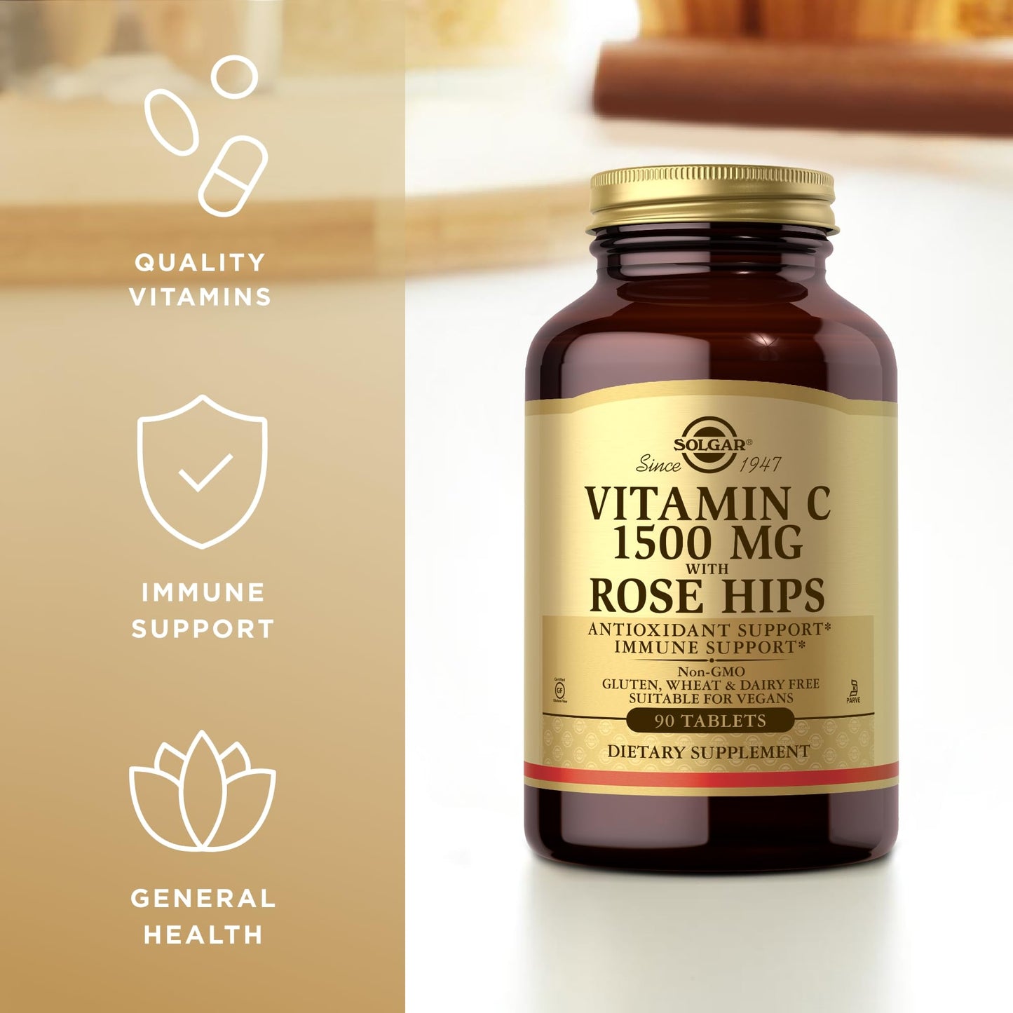 Solgar Vitamin C 1500 mg with Rose HIPS, 90 Tablets - Antioxidant & Immune Support - Overall Health - Supports Healthy Skin & Joints - Non-GMO, Vegan, Gluten Free, Dairy Free, Kosher - 90 Servings - Medaid International