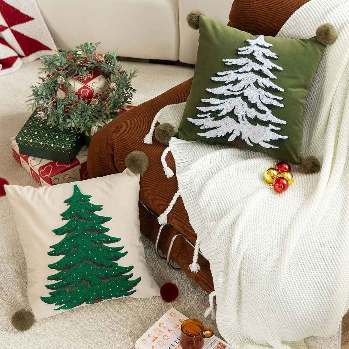 MOCOFO Red Pillowcase 18x18'' Embroidered Christmas Tree Pillow Cover - Festive Long Sofa and Bedside Cushion Cover Décor Cover ONLY - Medaid International