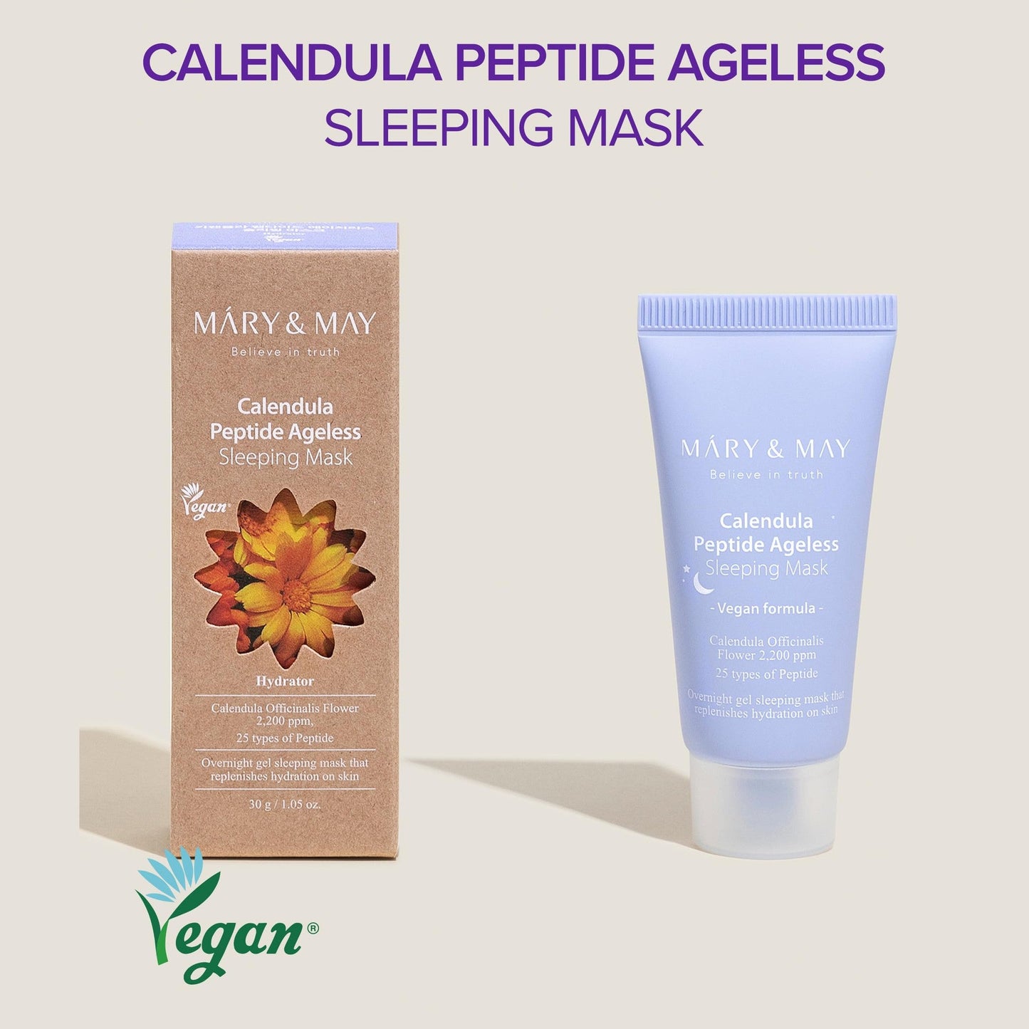 Mary&May Vegan Calendula Peptide Ageless Sleeping Mask - Overnight Hydration Face Gel Mask Korean Facial Mask - Soothing Acne, and Anti-Aging with Ceramide, Hyaluronic Acid, Cica, 1.01 fl.oz. - Medaid International