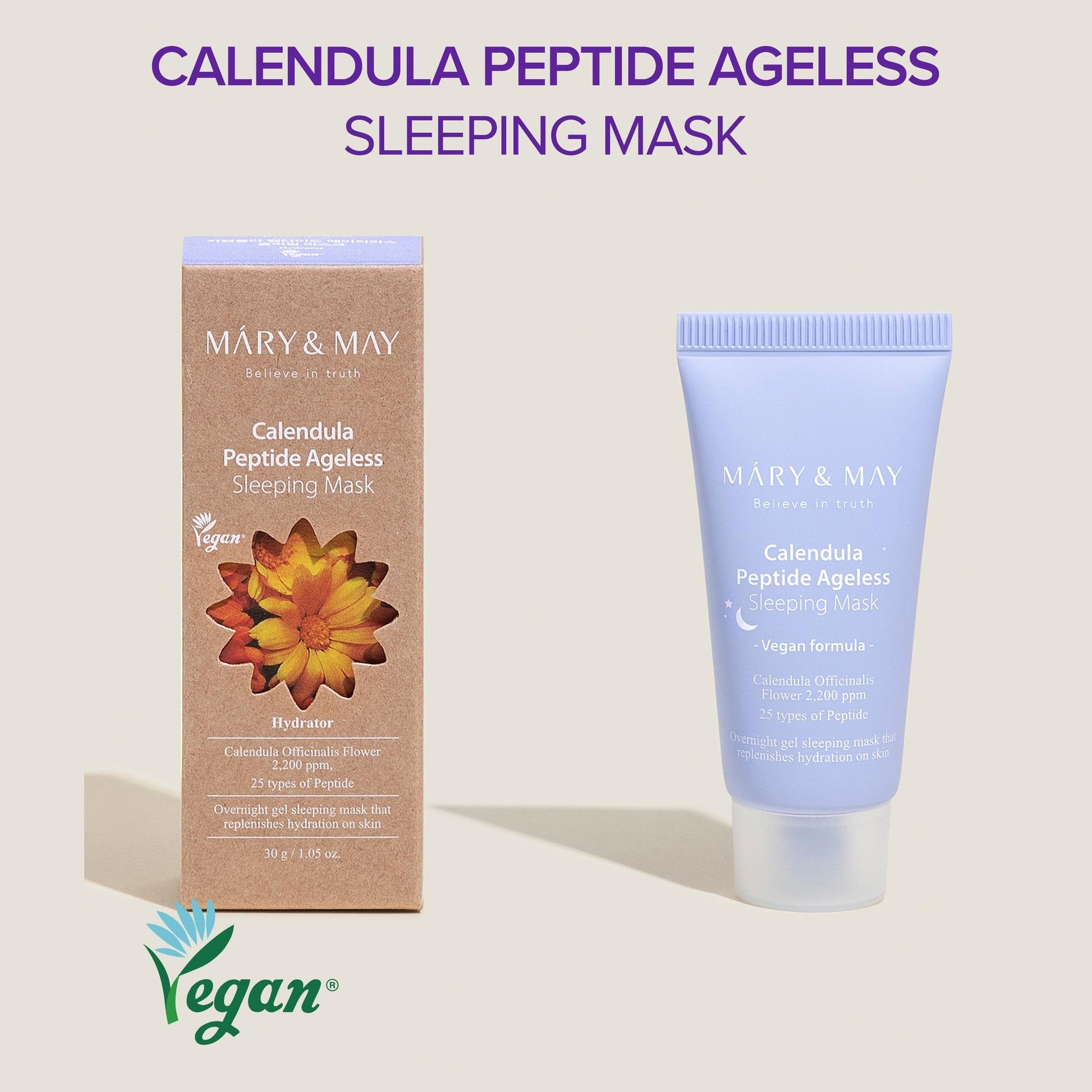 Mary&May Vegan Calendula Peptide Ageless Sleeping Mask - Overnight Hydration Face Gel Mask Korean Facial Mask - Soothing Acne, and Anti-Aging with Ceramide, Hyaluronic Acid, Cica, 1.01 fl.oz. - Medaid International