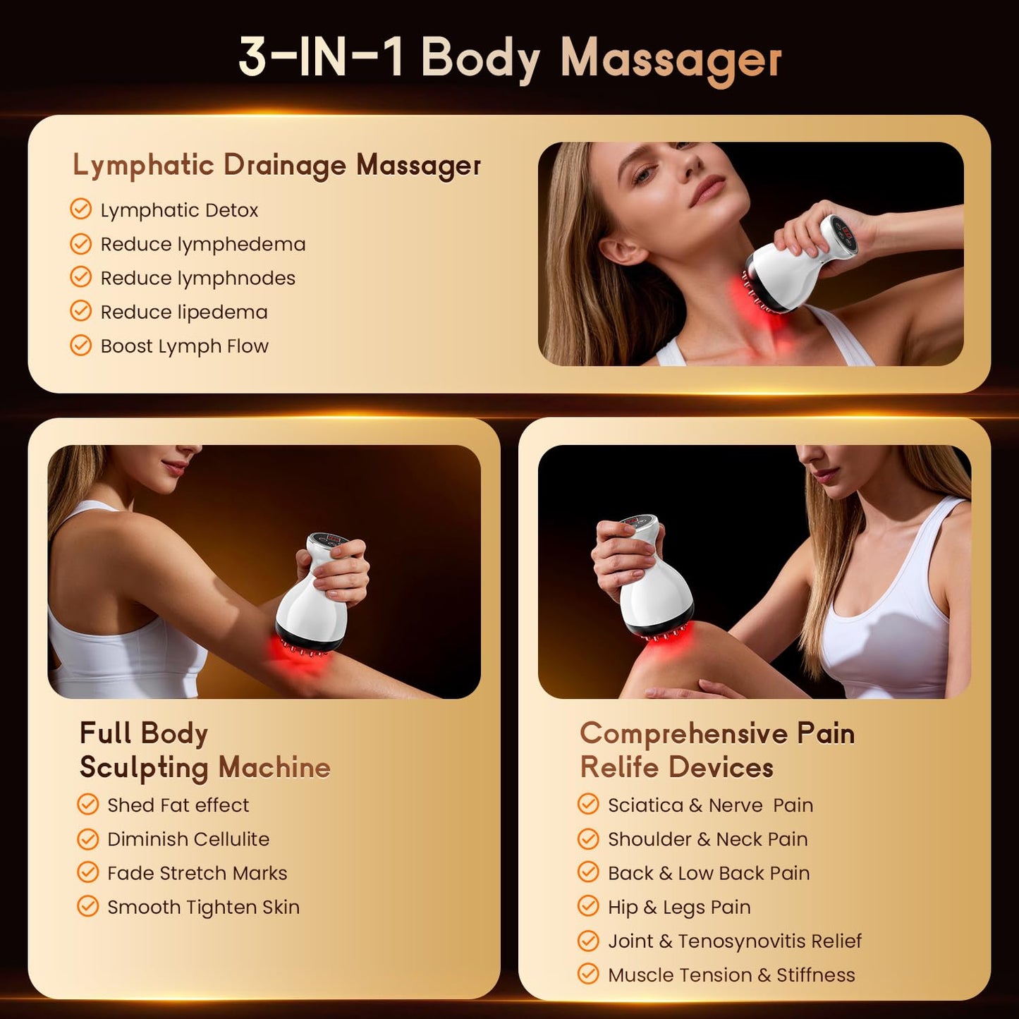 Lymphatic Drainage Massager & Anti Cellulite Massage Tool, Helps Reduce Stretch Marks & Cellulite, for Legs, Arms & Belly, Body Sculpting Machine with Microcurrent & Red-Light & Heat & Vibration
