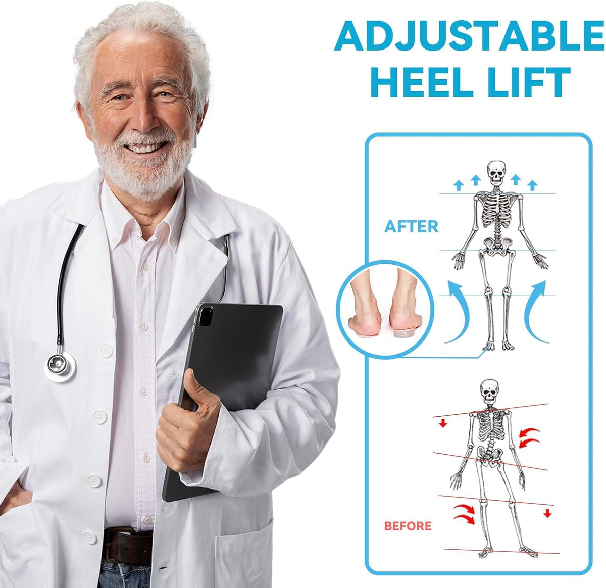 KASTWAVE Adjustable 4-Layer Heel Lift Inserts for Leg Length Discrepancy, 1 Inch Gel Shoe Lifts for Heel Pain & Achilles Tendonitis, Customizable Wedge Inserts for Men & Women (Size L, 1 Pair)