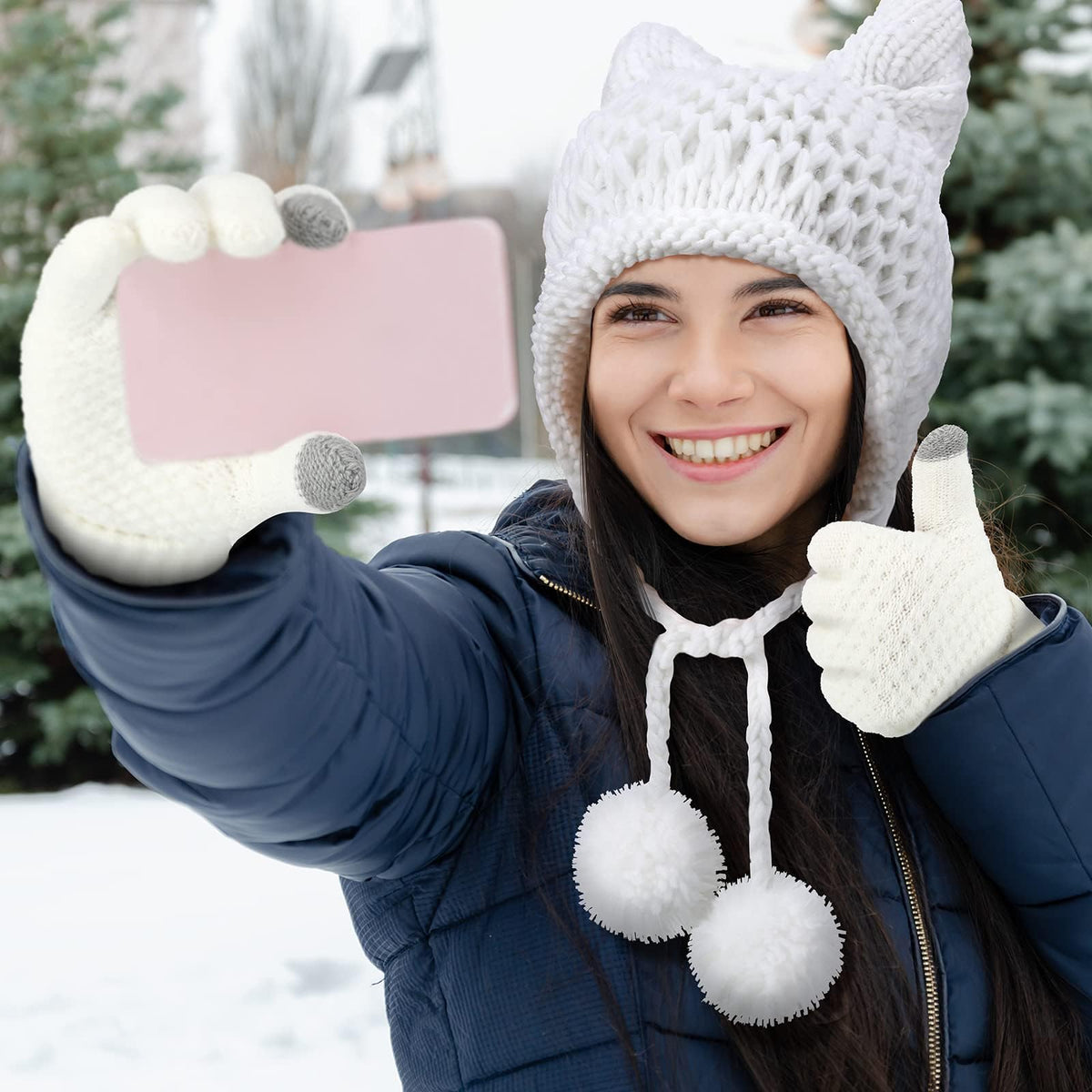 4 Pieces Winter Cat Ear Beanie Knit Hat & Touchscreen Gloves Set for Women - KASTWAVE 2 Cat Ears Hats (White & Black) + 2 Pairs Warm Knit Gloves for Cold Weather, Outdoor & Daily Use