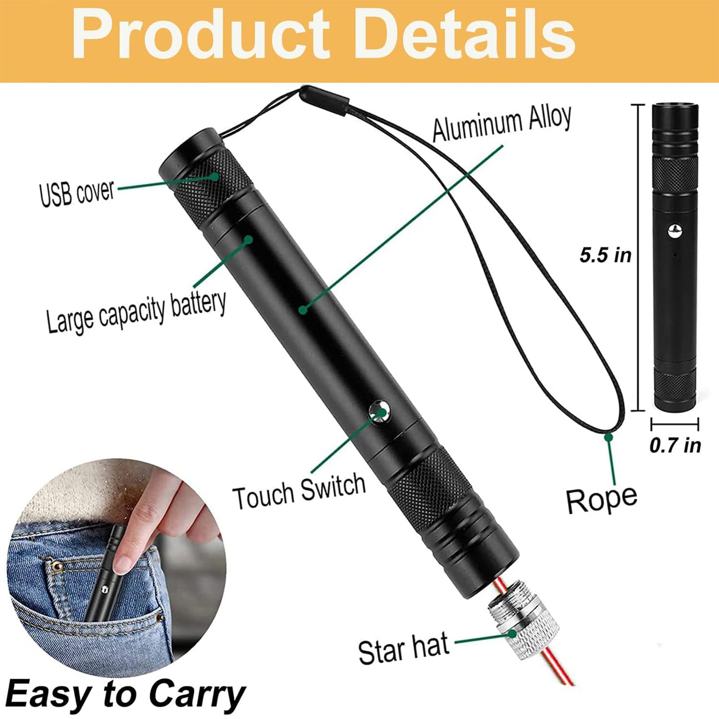 Laser Pointer High Power, Red Laser Pointer Indicator Light, Long Range Laser Pointer for Hiking, USB Charge - Medaid International
