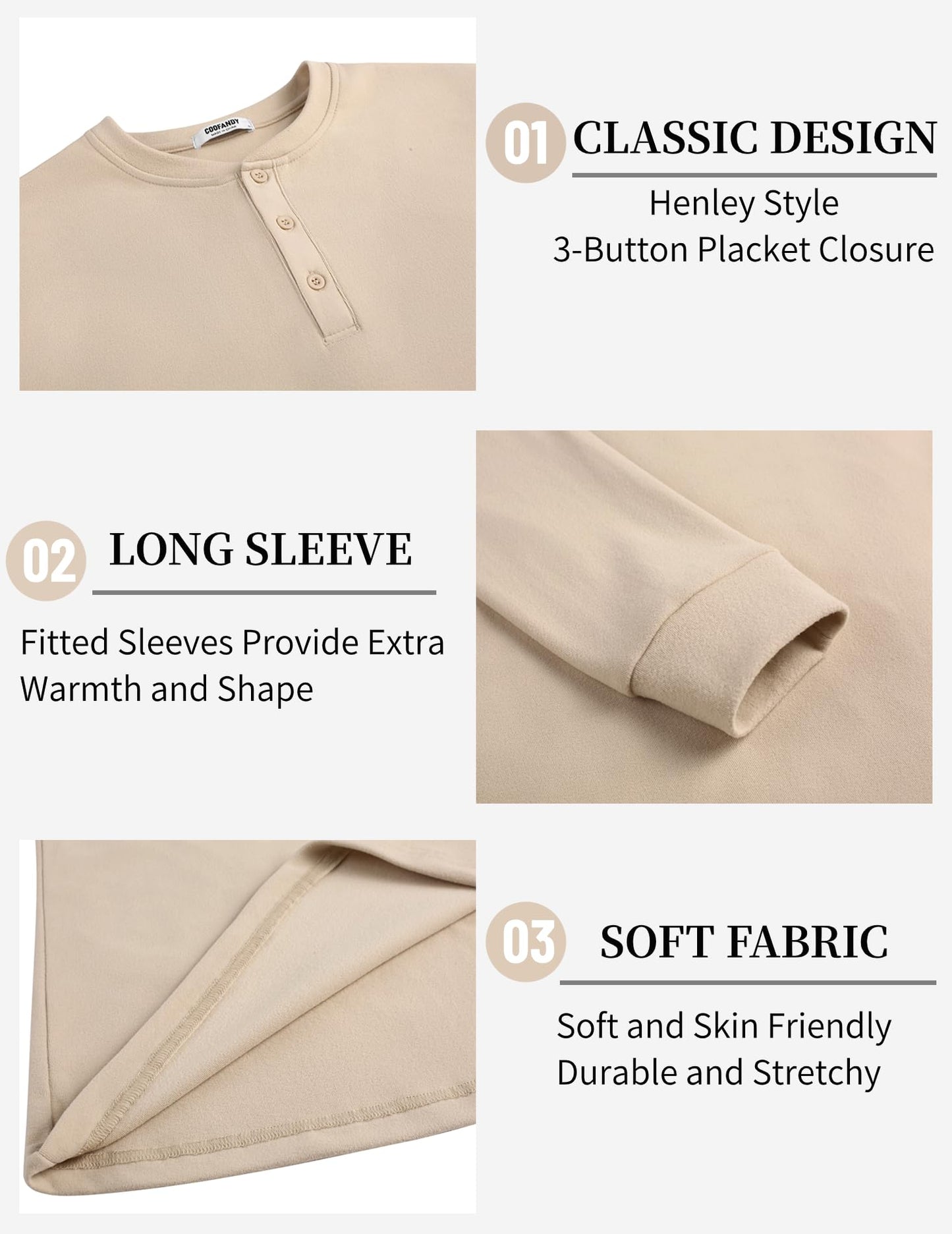 COOFANDY Men's Casual Henley Shirt Soft Stretch Long Sleeve T-Shirt Heavyweight Henley Pullover Basic Solid Plain T Shirt Khaki - Medaid International