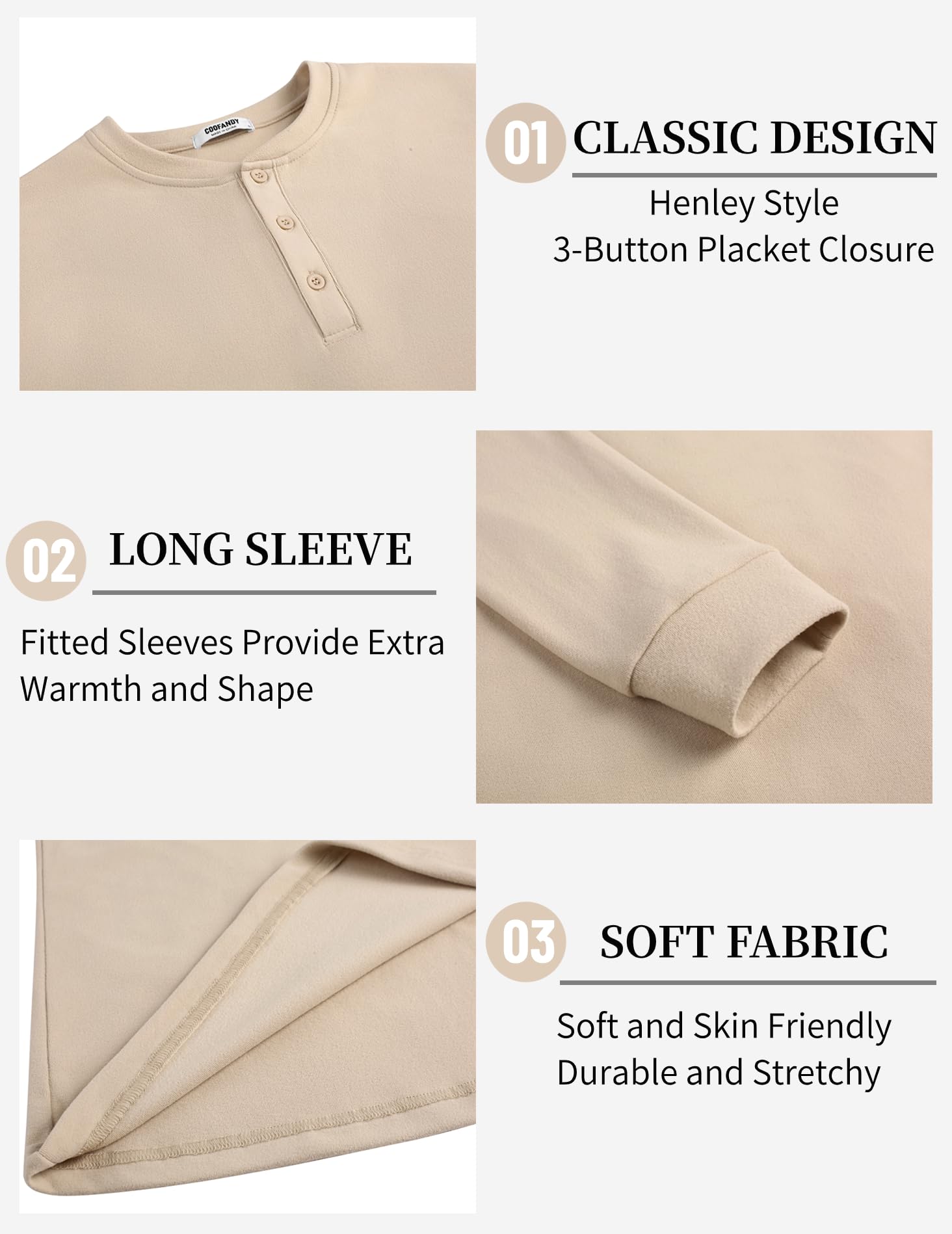 COOFANDY Men's Casual Henley Shirt Soft Stretch Long Sleeve T-Shirt Heavyweight Henley Pullover Basic Solid Plain T Shirt Khaki - Medaid International