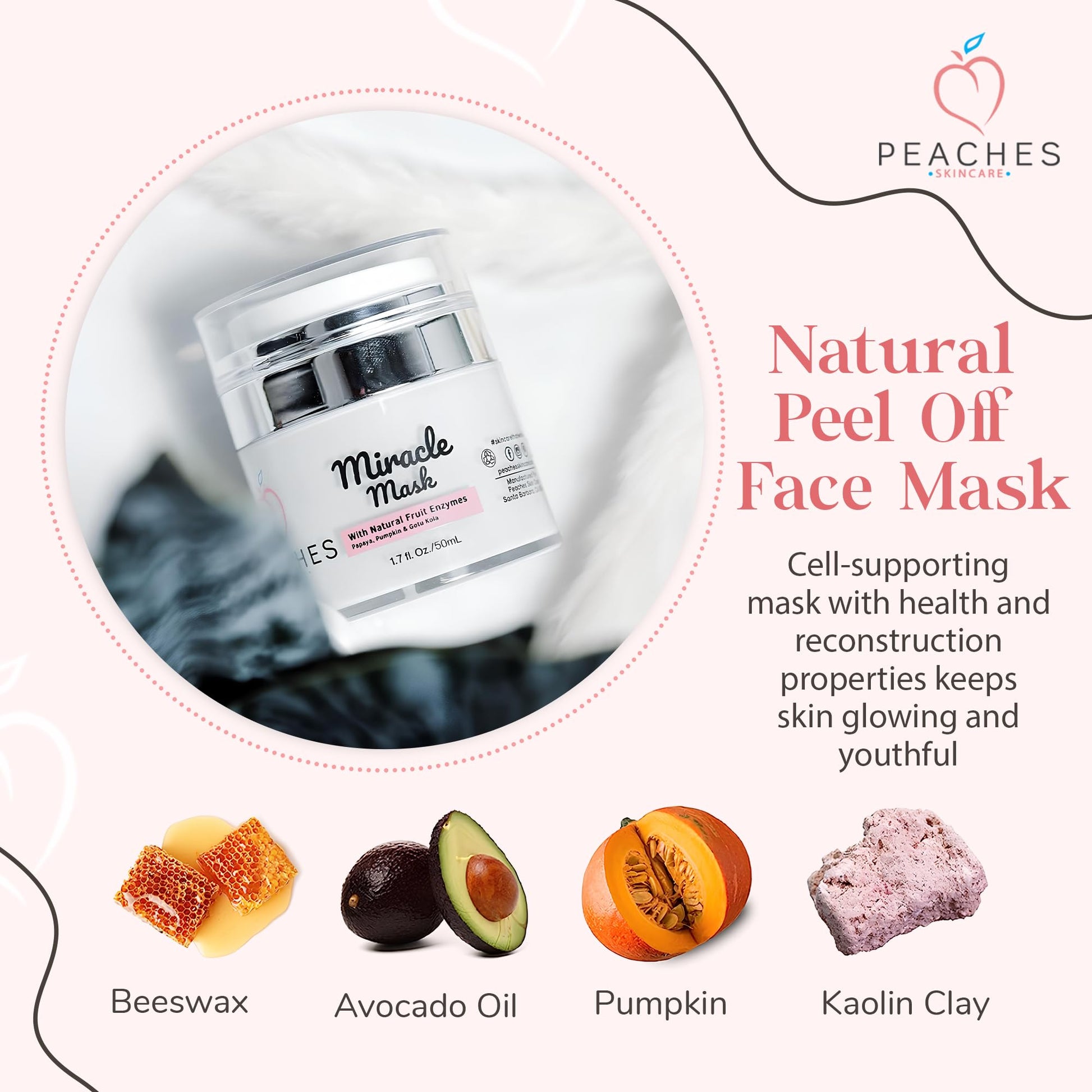 Hydrating Face Mask with Beeswax, Avocado Oil, Pumpkin, and More – Gently Removes Dead Skin Cells – Miracle Mask (1.7 oz) - Medaid International