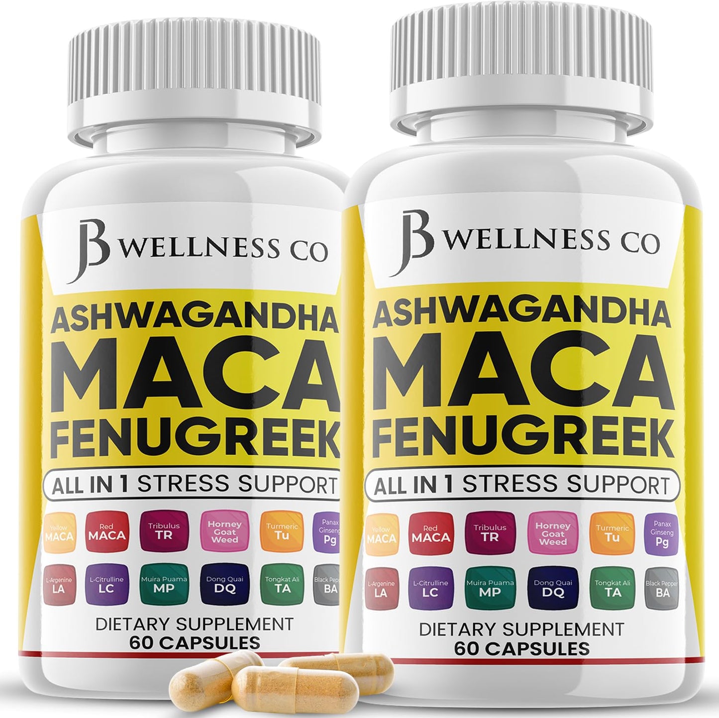 JB WELLNESS CO Ashwagandha Maca Root Fenugreek Supplement with Tongkat Ali Ginseng - Assists with Mood & Thyroid Health - Made in USA - 120 Count - Medaid International