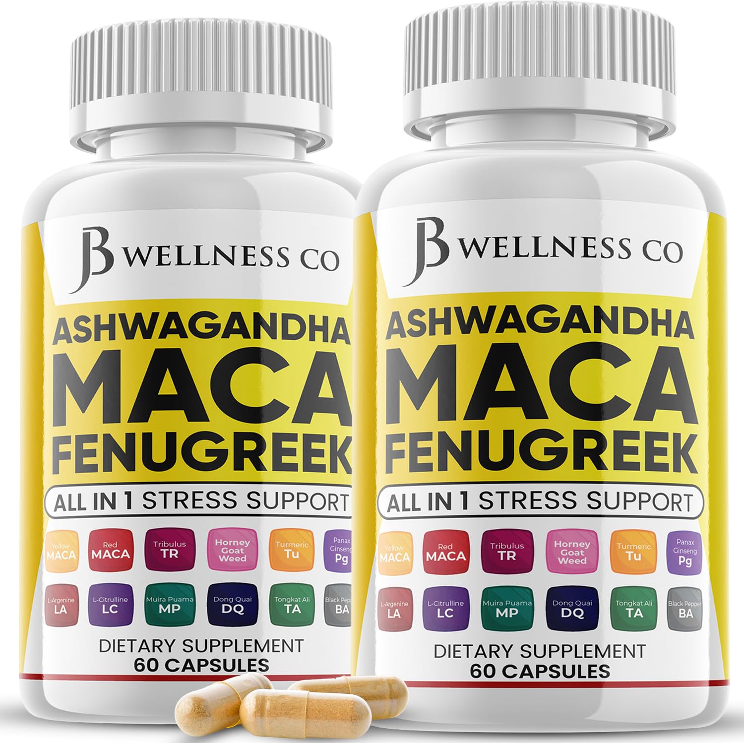 JB WELLNESS CO Ashwagandha Maca Root Fenugreek Supplement with Tongkat Ali Ginseng - Assists with Mood & Thyroid Health - Made in USA - 120 Count - Medaid International