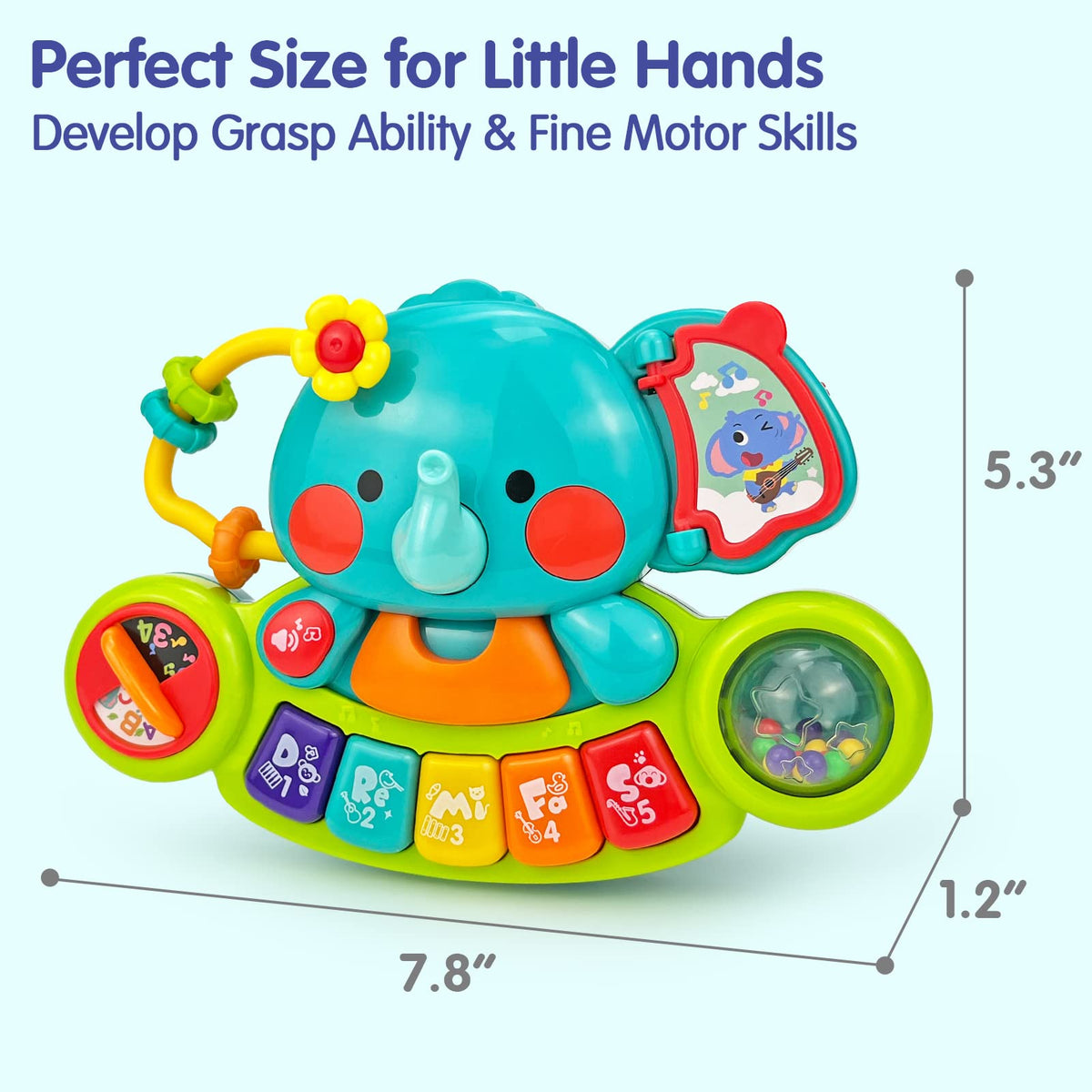 Hola 2-in-1 Musical Elephant Keyboard Interactive Baby Toy with 7 Play Activities, Light-Up Buttons, Piano, Nursery Rhymes, and Sensory Development Features for Motor and Cognitive Skills 6M+