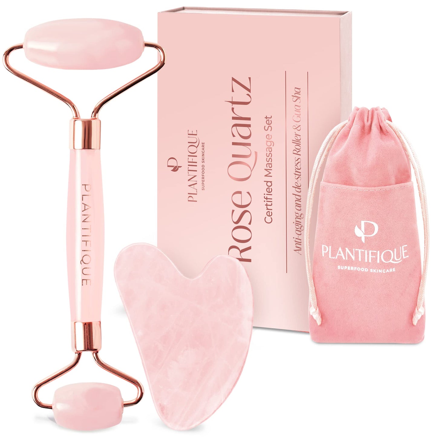 PLANTIFIQUE Face Roller and Gua Sha Rose Quartz Certified | Gifts | Guasha Tool for Face | Jawline Shaper | Your Skin Care Routine - Medaid International