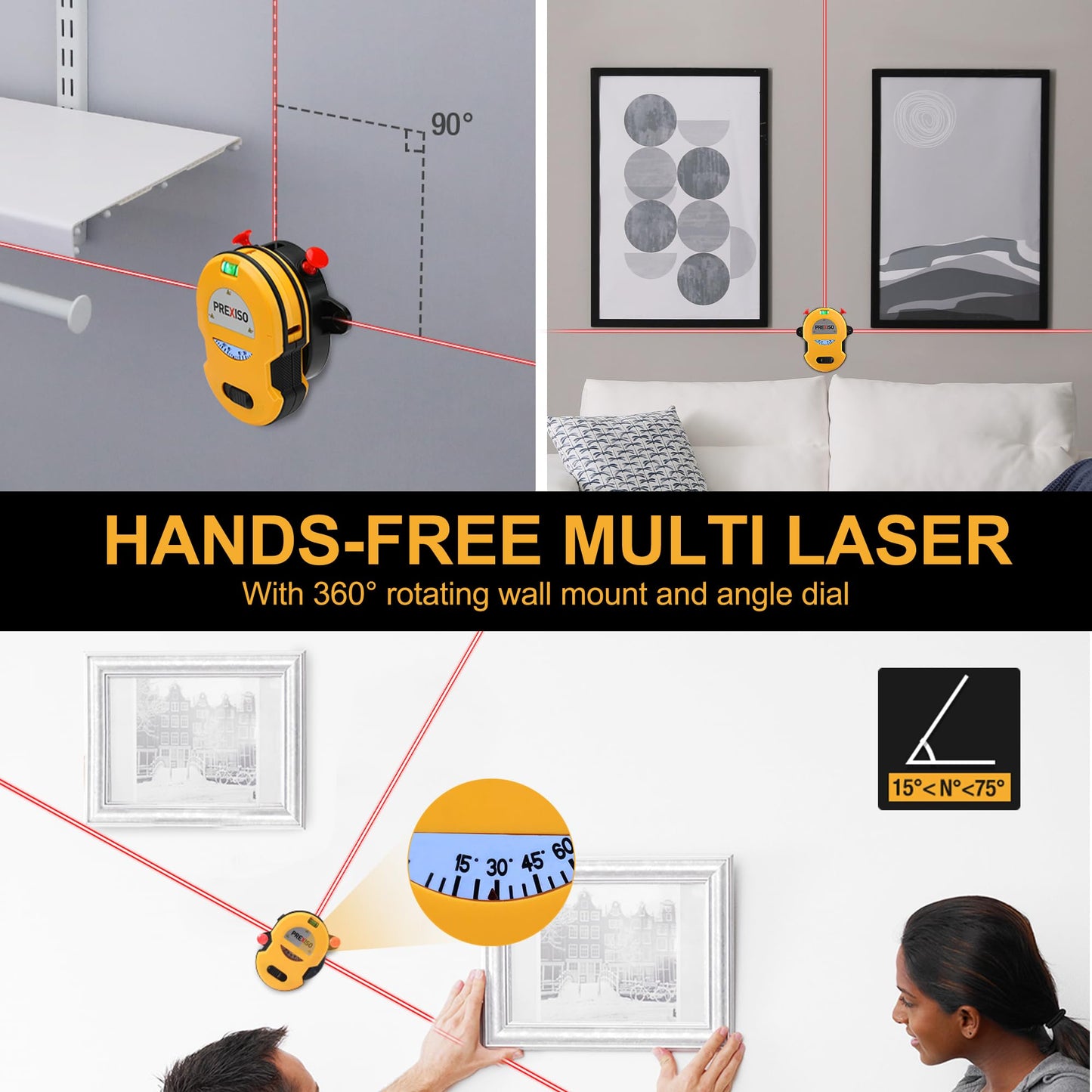 PREXISO Multi Surface Laser Level LED Light Vial, 30Ft Horizontal & Vertical Line Laser with Wall Mount Base, 2 Pins, 10 Sticker, 2 AA Batteries for Hanging Frames & Picture, Construction Wall Writing - Medaid International