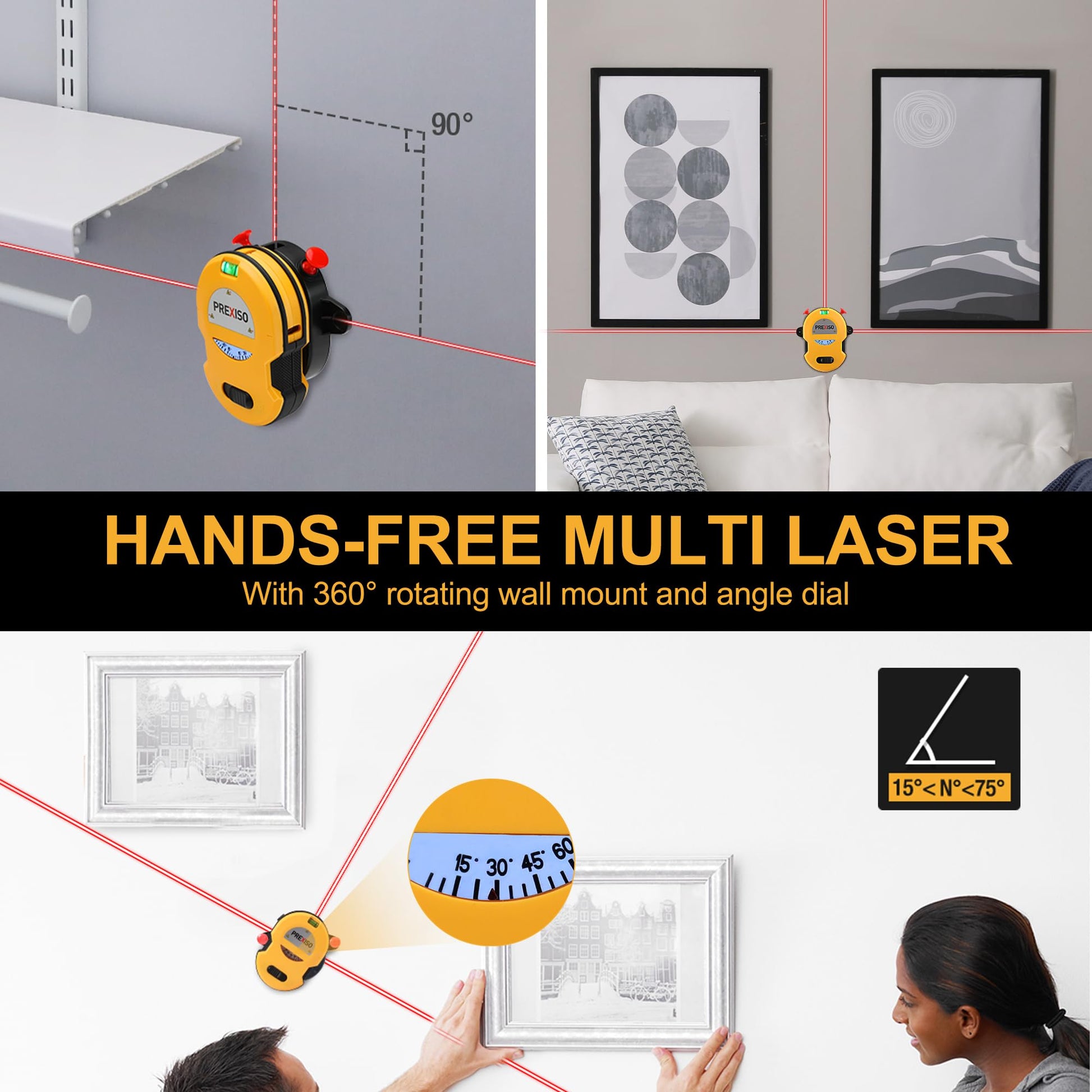 PREXISO Multi Surface Laser Level LED Light Vial, 30Ft Horizontal & Vertical Line Laser with Wall Mount Base, 2 Pins, 10 Sticker, 2 AA Batteries for Hanging Frames & Picture, Construction Wall Writing - Medaid International