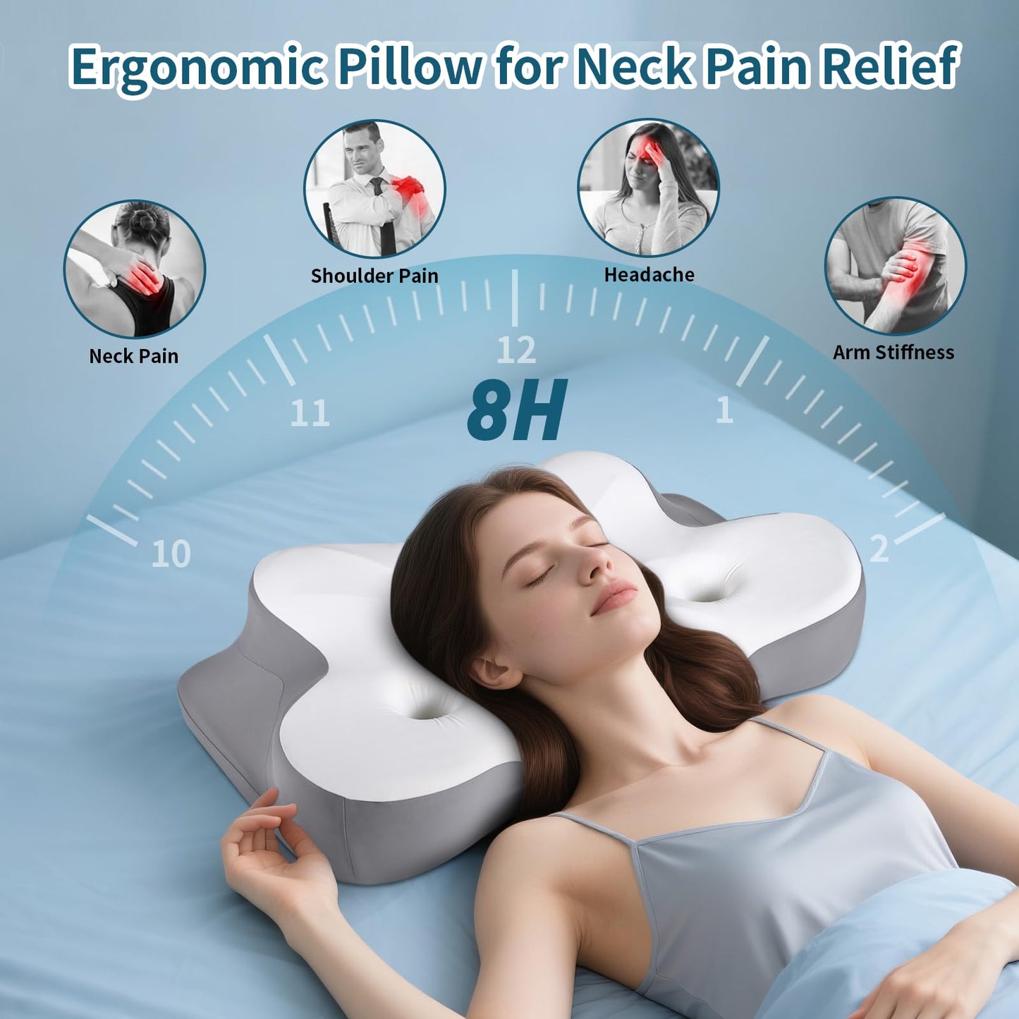 Cervical Neck Pillow for Pain Relief- Ergonomic Memory Foam Pillows for Sleeping, Dual Ear Relief Zone Contour Pillow, Neck Support Pillows for Side Back &Stomach Sleeper (White) - Medaid International