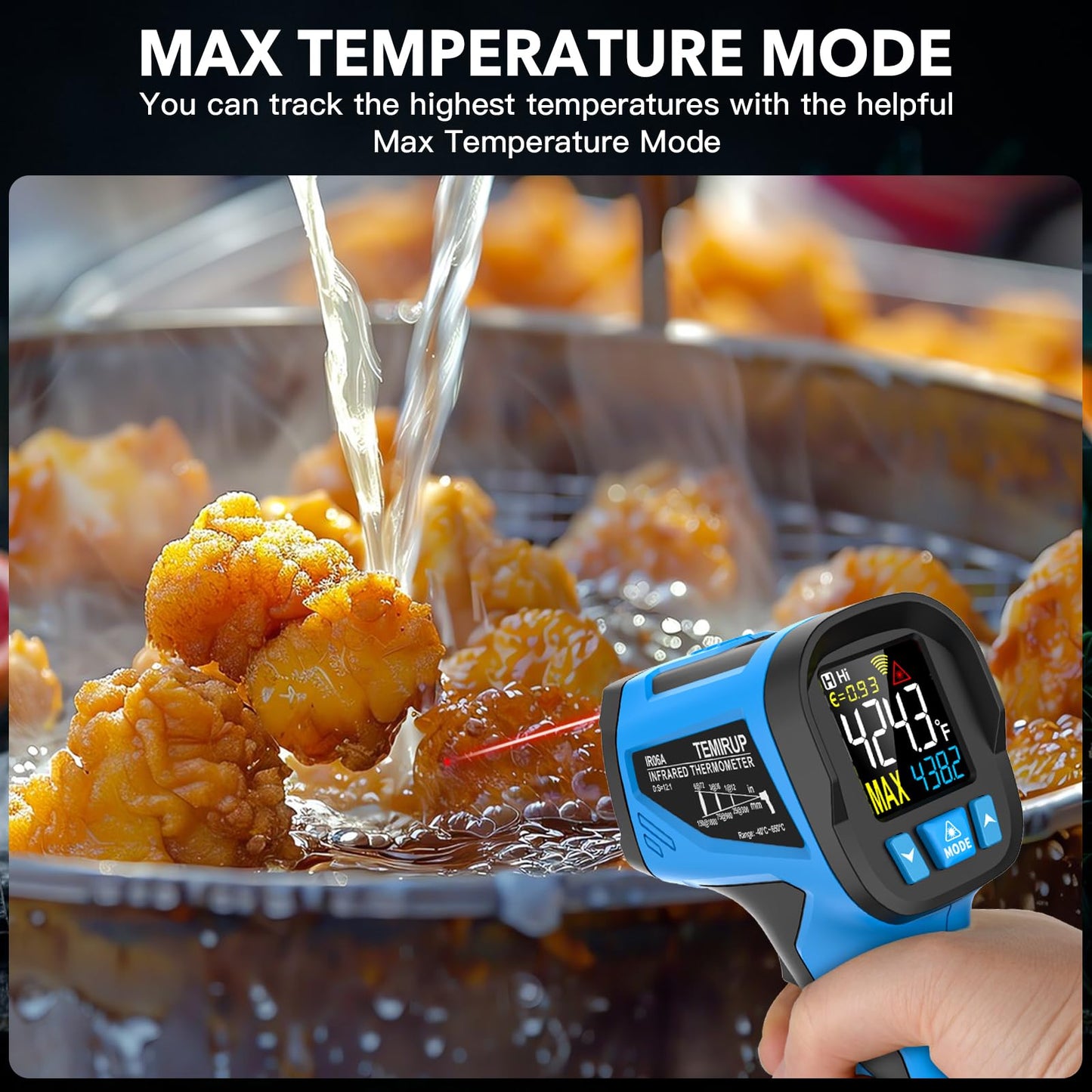 Infrared Thermometer Temperature Gun - TEMIRUP Non-Contact Digital Laser Thermometer Temp Gun with Thermocouple Probe for Industrial, Cooking, Griddle, Engine, HVAC, Adjustable Emissivity,-40℉~1202℉ - Medaid International