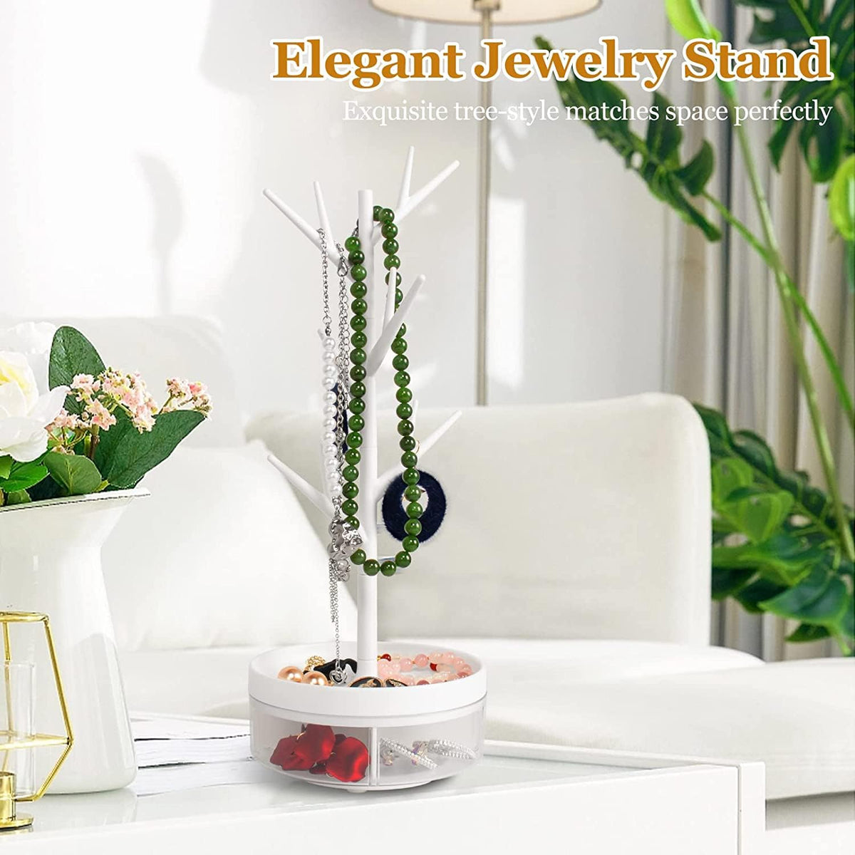 TERRIFI Jewelry Stand, Branch Jewelry Rack With With Rotatable Base and Storage Box, Tree Tower Rack, Hanging Organizer for Ring Earrings Necklace Bracelet Display Stand for Bangles, Watch