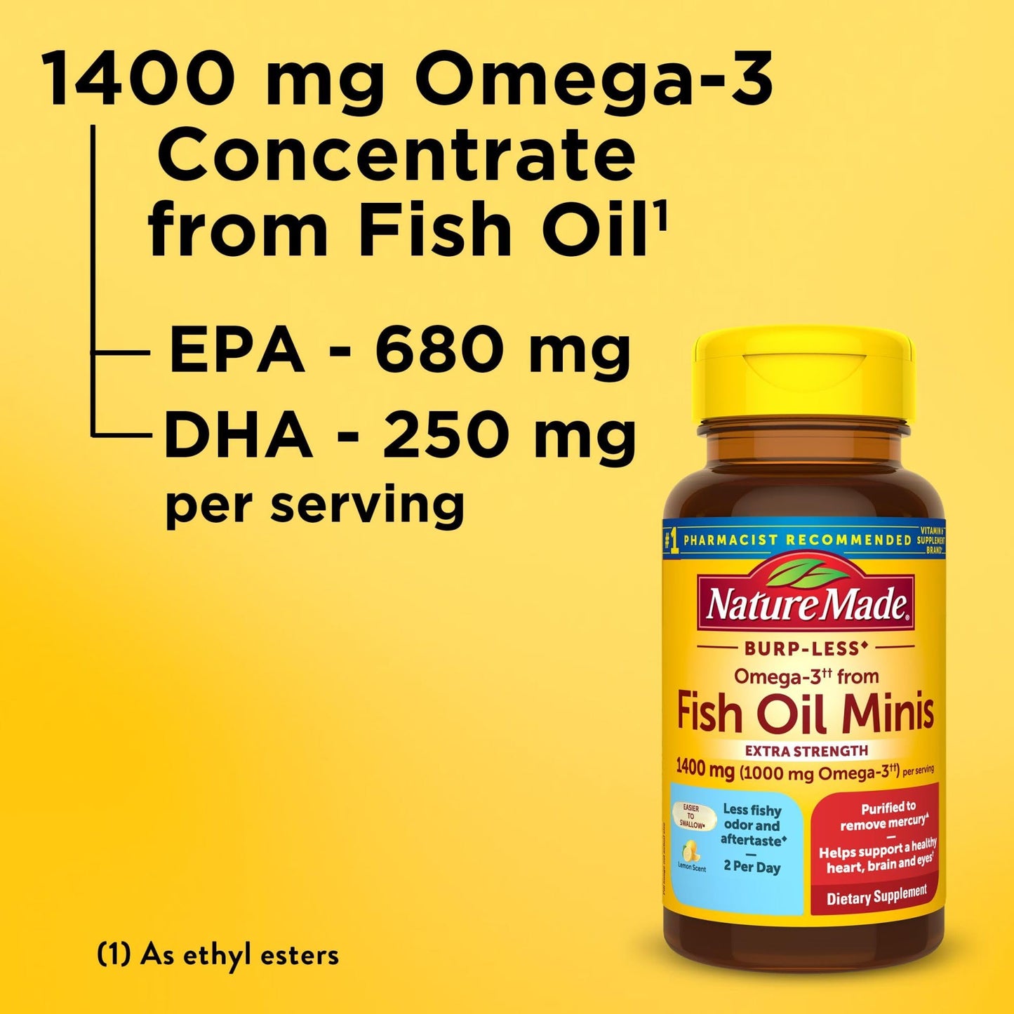 Nature Made Extra Strength Burp Less Fish Oil Omega 3 Supplements 1400 mg Minis, Omega 3 Fish Oil as Ethyl Esters for Healthy Heart Brain Eyes Support, 60 Softgels, 30 Day Supply - Medaid International