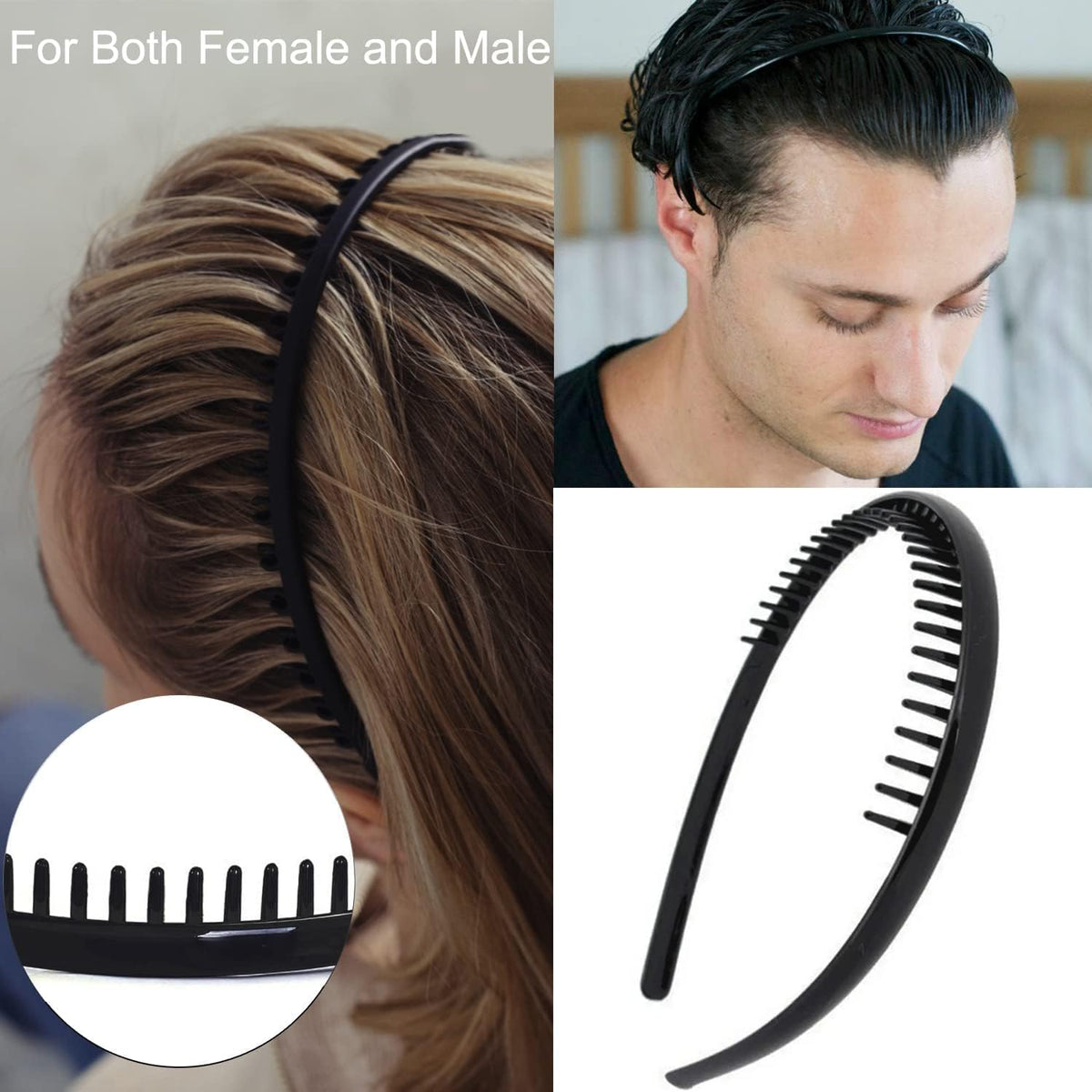 KASTWAVE Fashion No Slip Effortless Plastic Headbands, Teeth Comb Black Skinny Hair Bands for Women Men Teen Girls, Matte Black (8PCS)