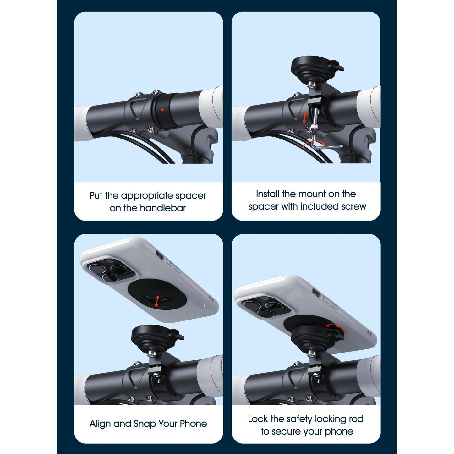 sincetop Bike/Motorcycle Phone Mount - Series Q [ Quad ] - Quick Lock & Release - Aluminum Bicycle Handlebar Phone Holder - Compatible with Mountain/Road/Electric Bikes, and Scooters - Medaid International