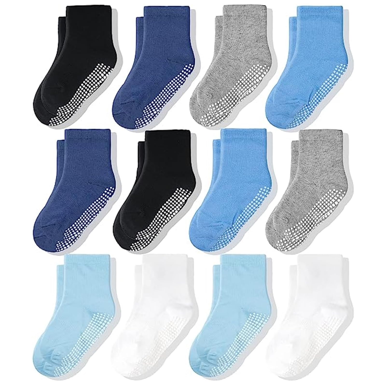 CozyWay Crew Grip Youth Socks - Non-Slip Toddler Sock with Grippers - Soft Breathable Cotton Comfort - Size 5-7T, Blue/White/Gray, Pack of 12 - Medaid International