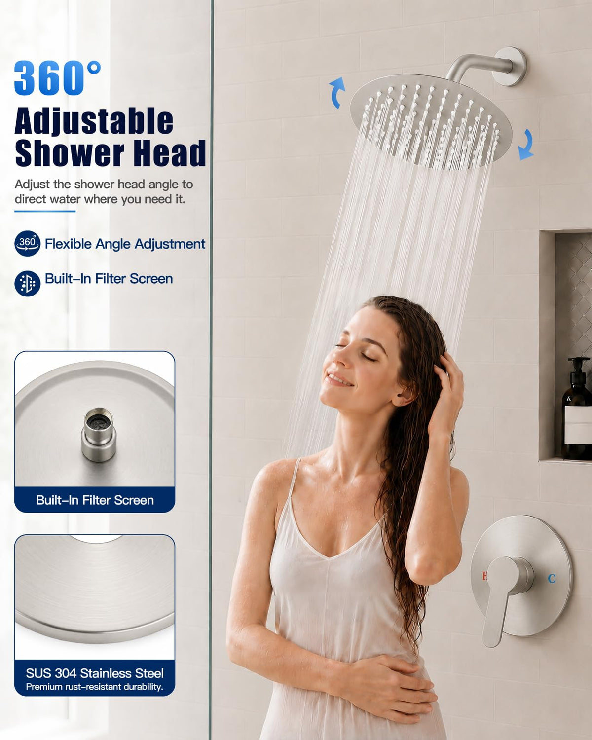 Heyalan Shower Faucet Set Brushed Nickel 8 Inch Round Showerhead Bathroom SUS304 Stainless Steel Rainfall Shower System Wall Mount Single Function Shower Trim Kit with Rough-in Valve 1 Handle