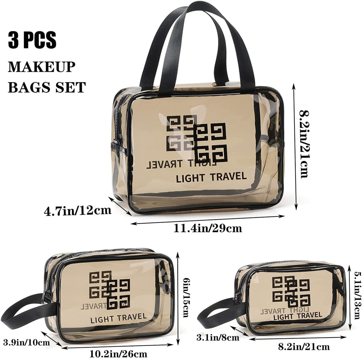 KASTWAVE Clear Cosmetic Bag, 3 Piece Water Resistant PVC Packing Cubes with Zipper Closure & Carry Handle Suitable for air Travel Bathroom Beach Pool Spa Gym Bag(Gray)