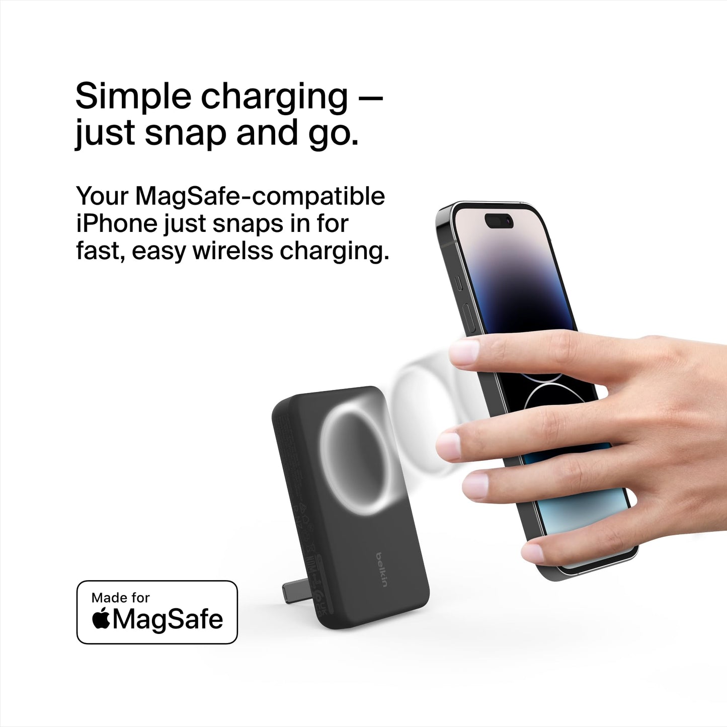 Belkin Portable Charger, Wireless Power Bank 5000 mAh MagSafe Charger 7.5W, Built-in Pop-up Kickstand - Compatible w/iPhone 17, Air, Pro, ProMax, AirPods, Apple Watch, Google Pixel 10, etc. - Black - Medaid International