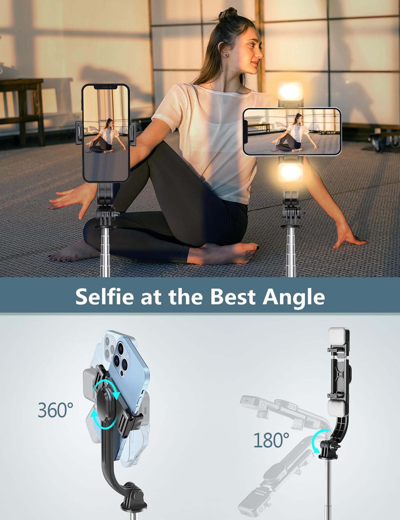 Selfie Stick Tripod with Light, 45'' Selfie Stick with Wireless Remote, Portable Phone Tripod Compatible with iPhone 16/15 Pro Max/15/14 Pro/14/13, Samsung S22/ S23 Ultra/Android Smartphone - Medaid International