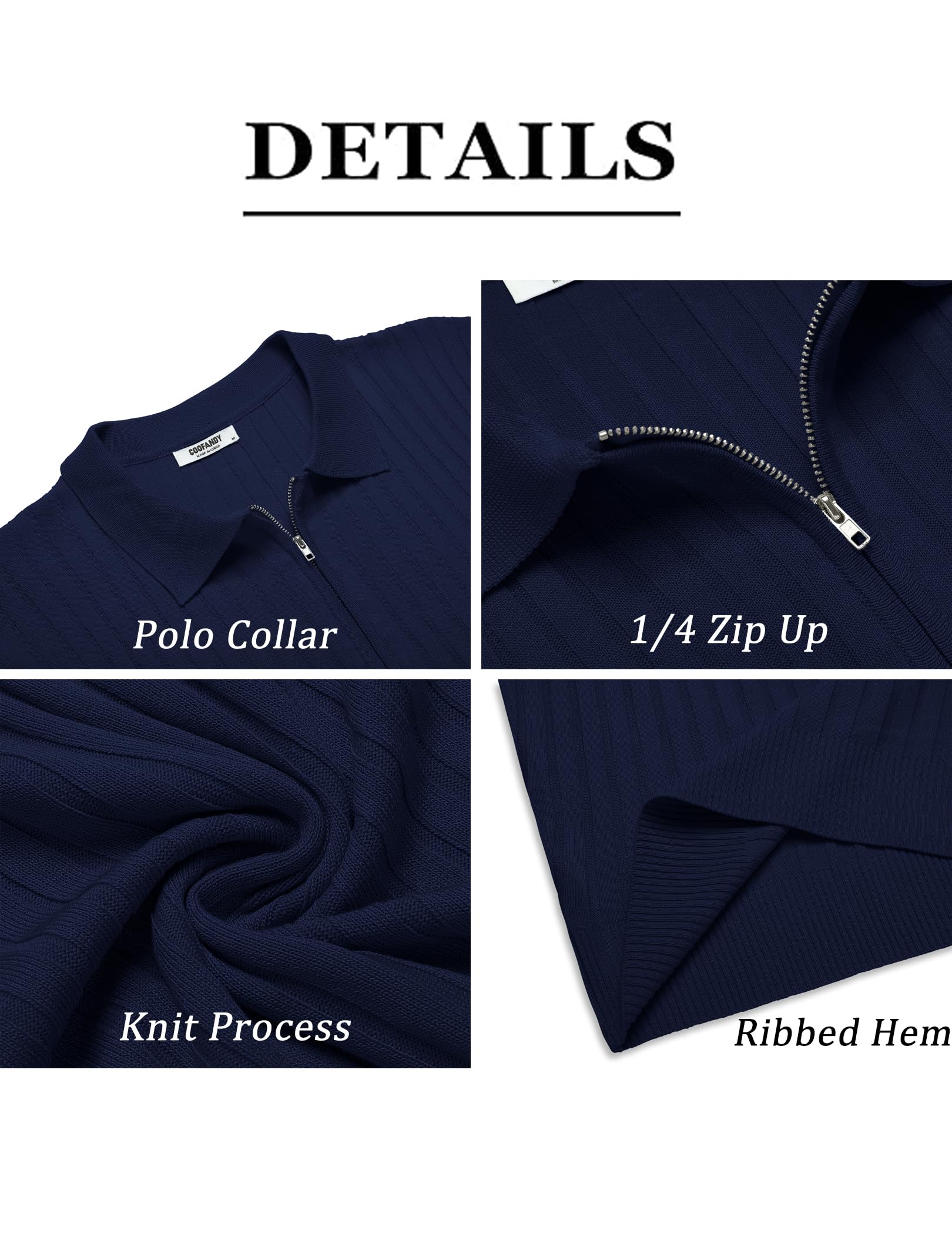 COOFANDY Men's Zipper Polo Shirts Short Sleeve Ribbed Knit Polo T Shirts Fashion Casual Golf Shirts Navy Blue - Medaid International