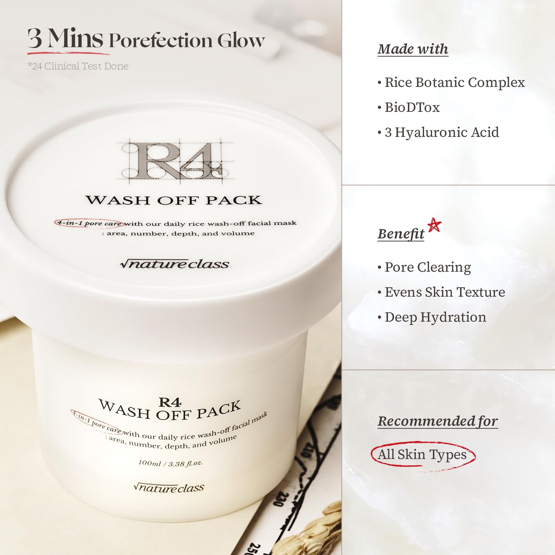 NATURECLASS R4 Rice Wash Off Facial Mask – 4-in-1 Korean Skin Care, Pore Refining, Gentle Exfoliating, Hydrating, Smooth Texture, Rice Ferment & Enzyme, Soft Cream Wash-Off, 3.38 fl oz - Medaid International