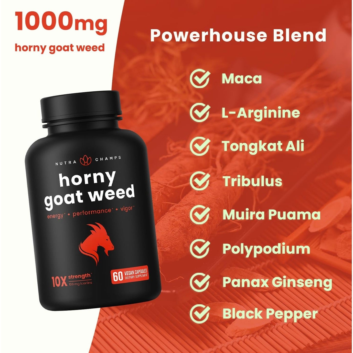 NutraChamps Horny Goat Weed, 1000mg Epimedium Energy Supplement, 10X Strength Icariin, Ginseng, Tribulus & Maca Pills for Women & Men, Enhanced Absorption with Black Pepper, 60 Vegan Capsules - Medaid International