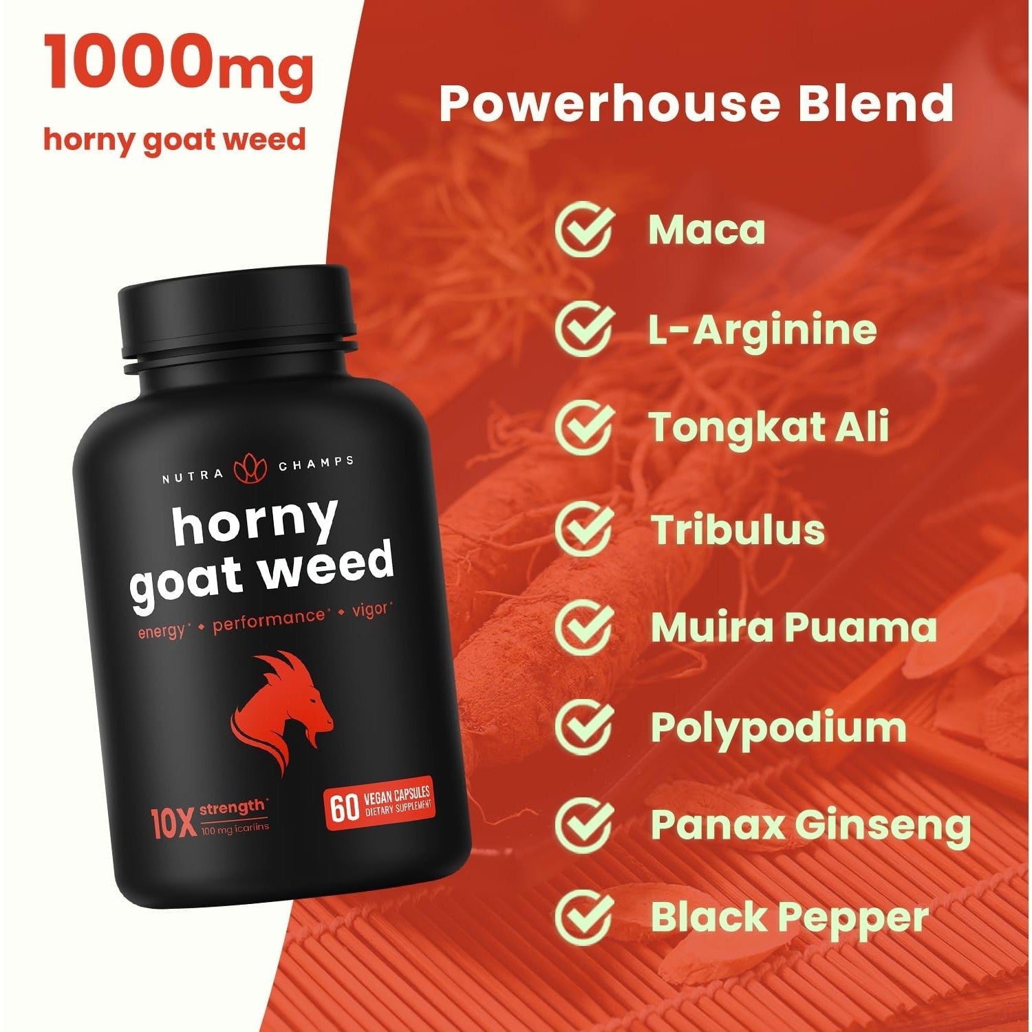 NutraChamps Horny Goat Weed, 1000mg Epimedium Energy Supplement, 10X Strength Icariin, Ginseng, Tribulus & Maca Pills for Women & Men, Enhanced Absorption with Black Pepper, 60 Vegan Capsules - Medaid International