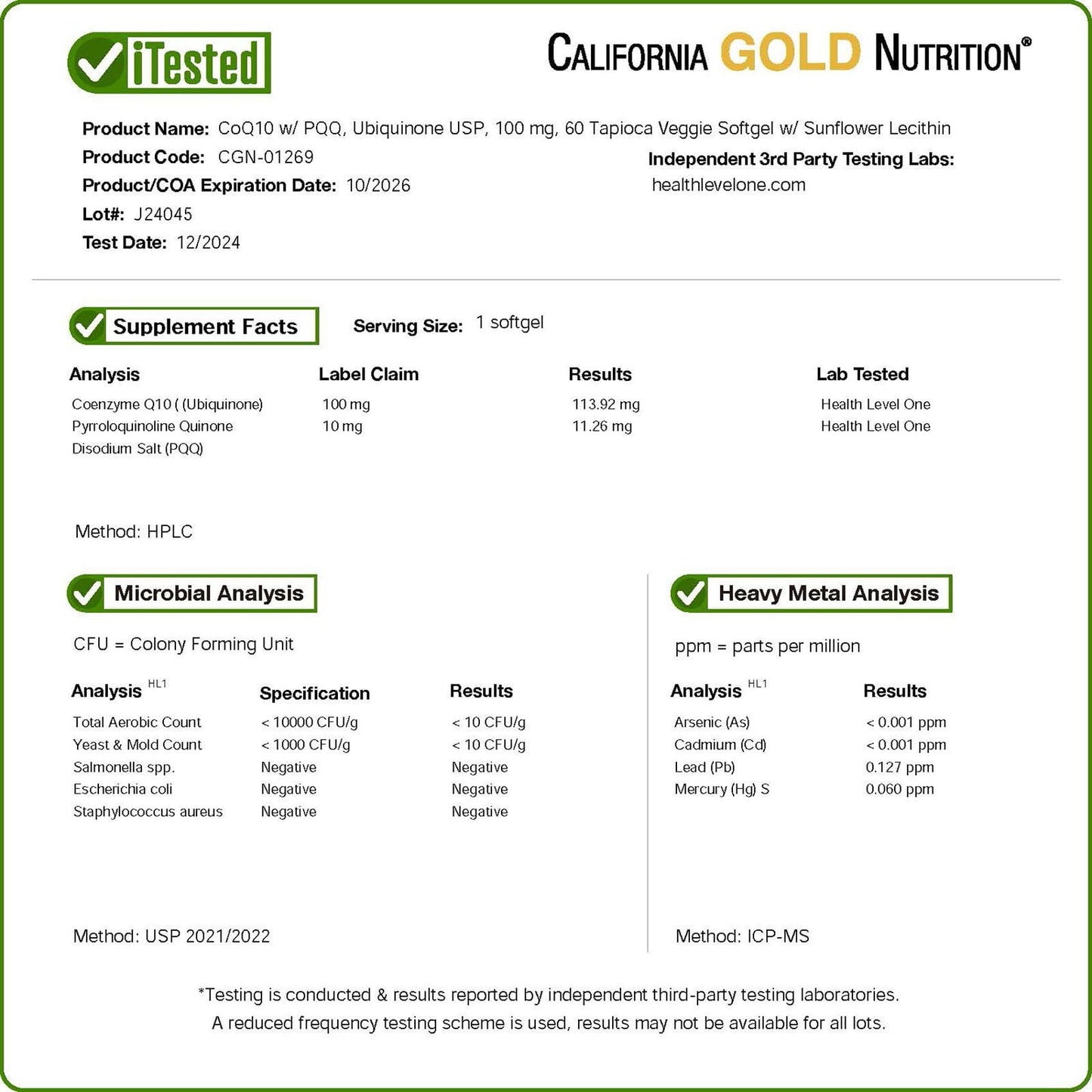 California Gold Nutrition CoQ10 with PQQ, Ubiquinone USP, Tapioca Veggie Softgel with Sunflower Lecithin, 100 mg, 60 Veggie Softgel - Medaid International
