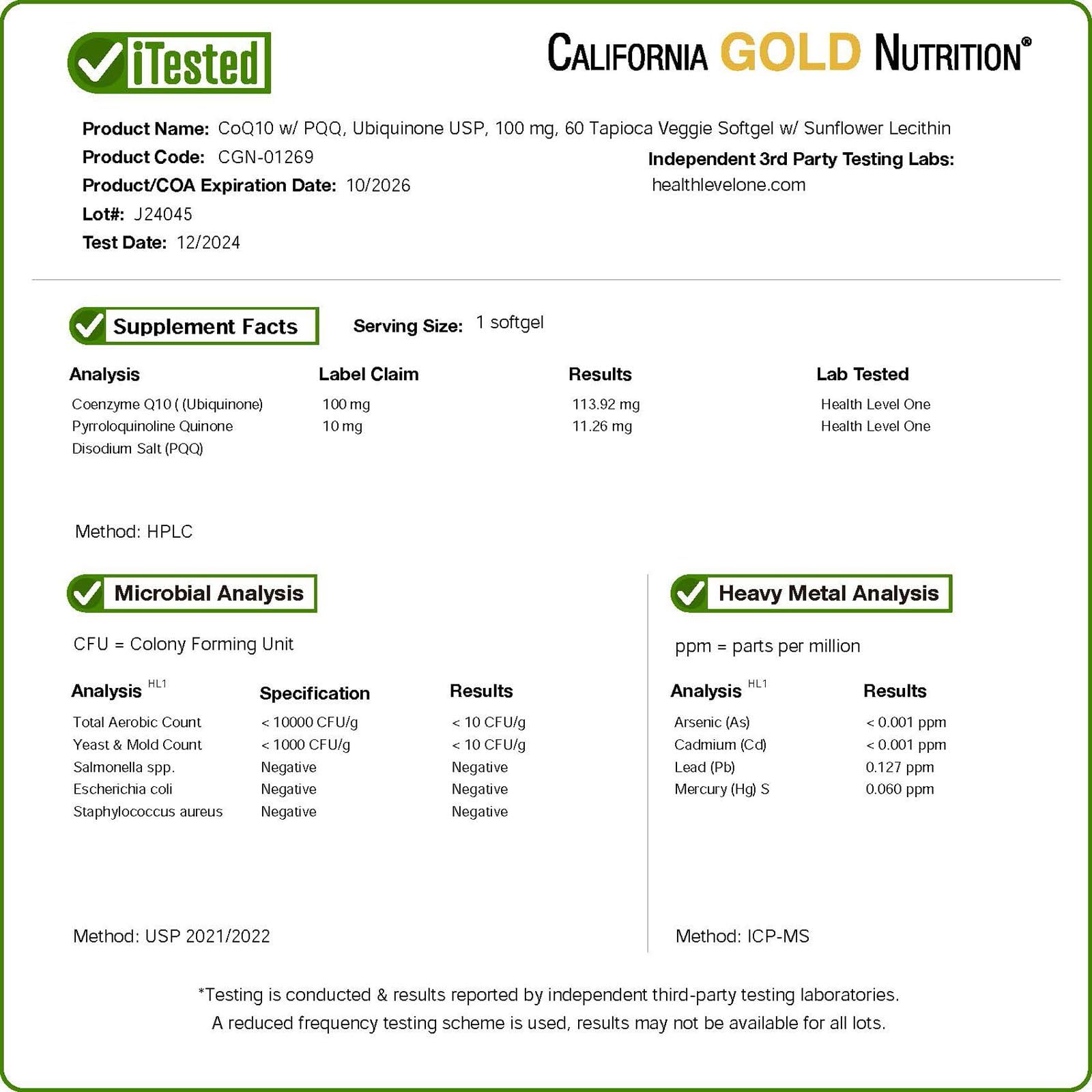 California Gold Nutrition CoQ10 with PQQ, Ubiquinone USP, Tapioca Veggie Softgel with Sunflower Lecithin, 100 mg, 60 Veggie Softgel - Medaid International
