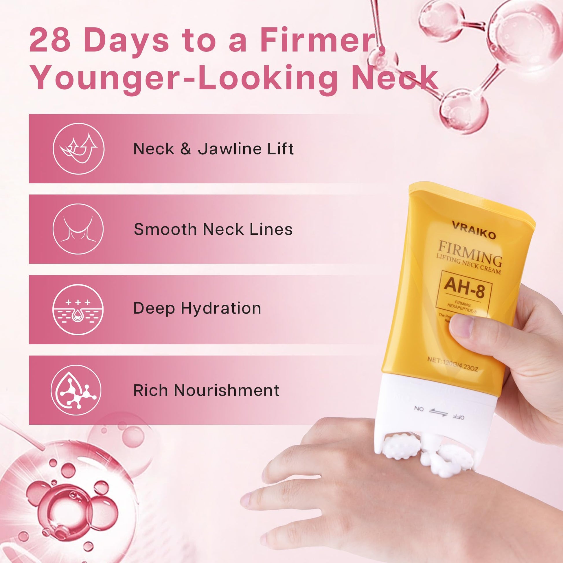 VRAIKO AH-8 Neck Firming Cream, 2-In-1 Gua Sha Neck Cream Roller with AH8 & Ceramide NP, Nourish Hydrate Double Chin Cream for Face Lift, Jawline & Sagging Skin (1PC) - Medaid International