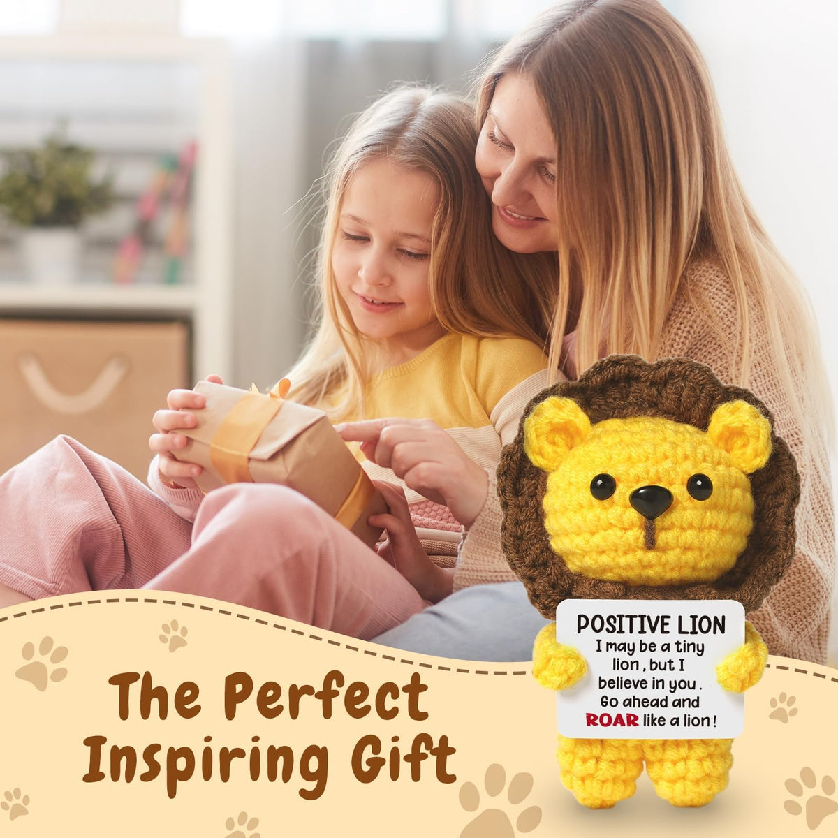 KASTWAVE Mini Positive Crochet Lion Doll, Handmade Emotional Support Crochet Inspirational Cheer Up Gifts, Inspirational Birthday Gift for Girlfriend Gifts, Coworker, Employee, Boss Gift