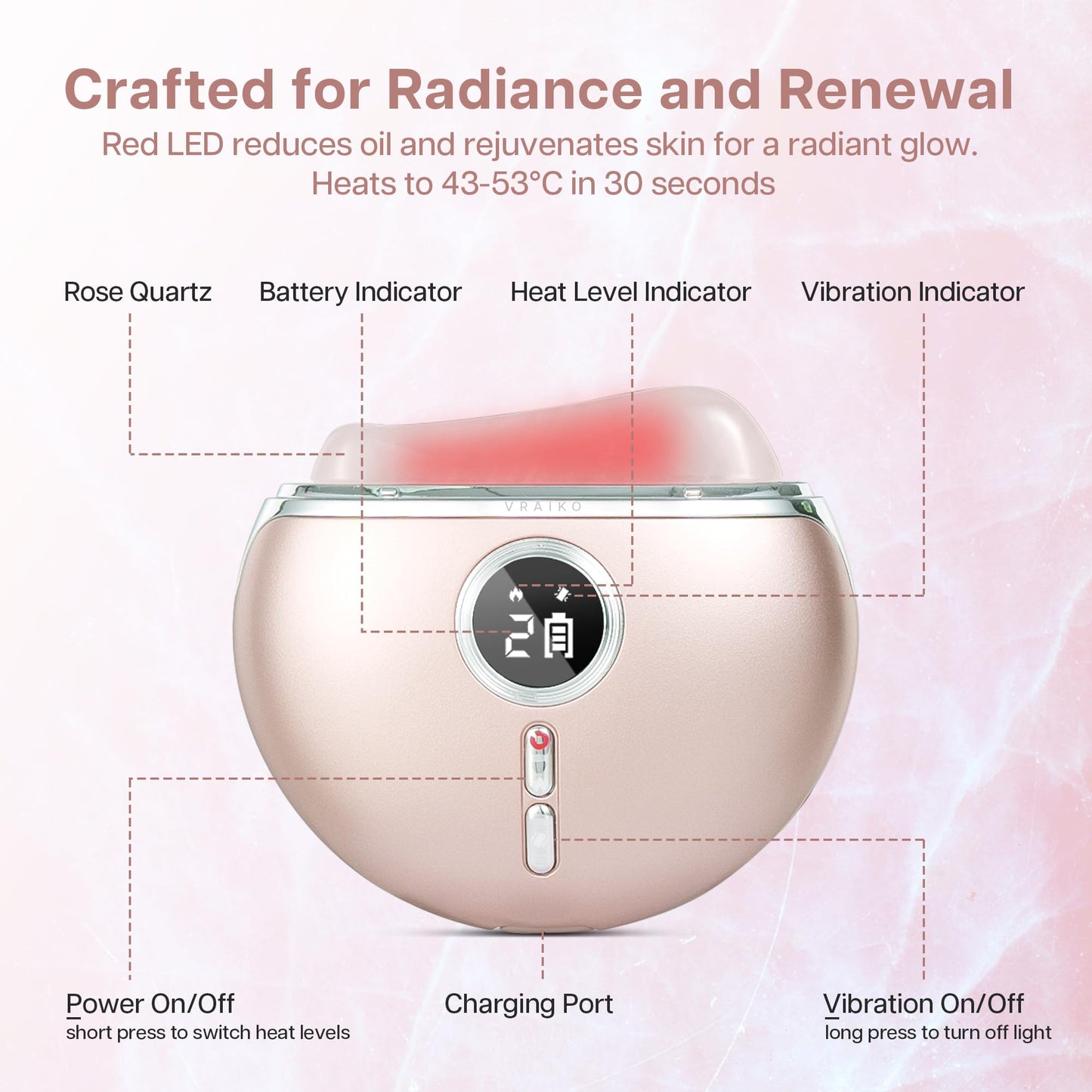 VRAIKO AlpenGlow Electric Gua Sha Device, Rose Quartz Gua Sha Facial Tools with Heat and Vibration, Gua Sha Face Massager for Lymphatic Drainage, Lift, Puffiness, Rejuvenation Natural Glow (Rose Gold) - Medaid International