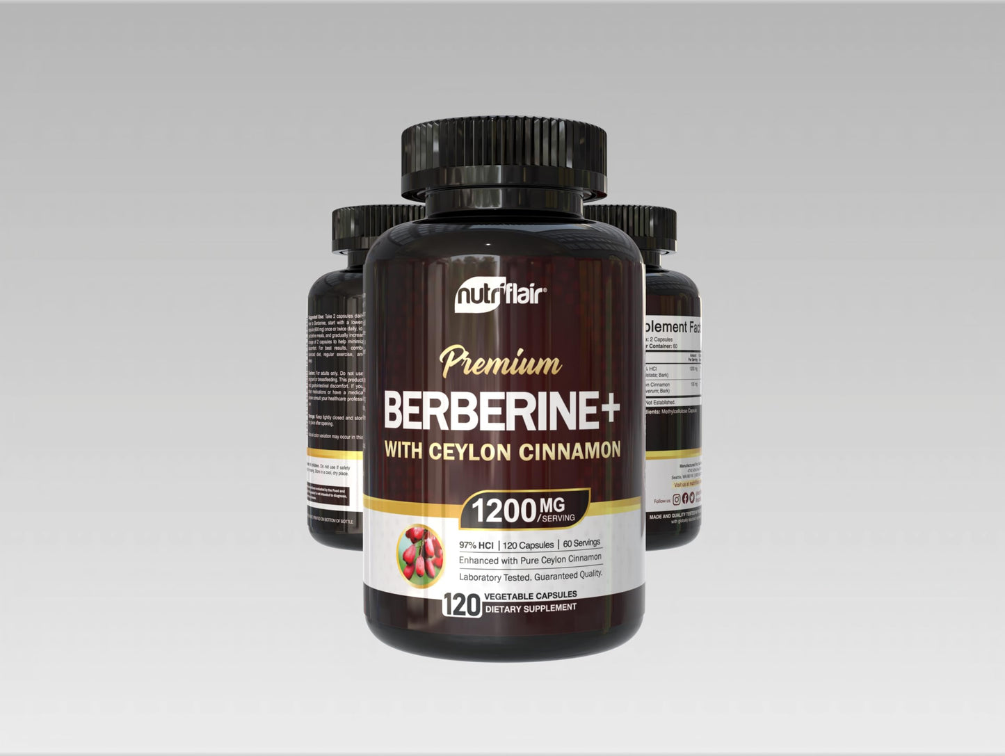 NutriFlair Berberine 97% HCl with Ceylon Cinnamon Supplement, 120 Capsules – High Potency, Premium Quality, Vegan-Friendly – 60 Servings - Medaid International
