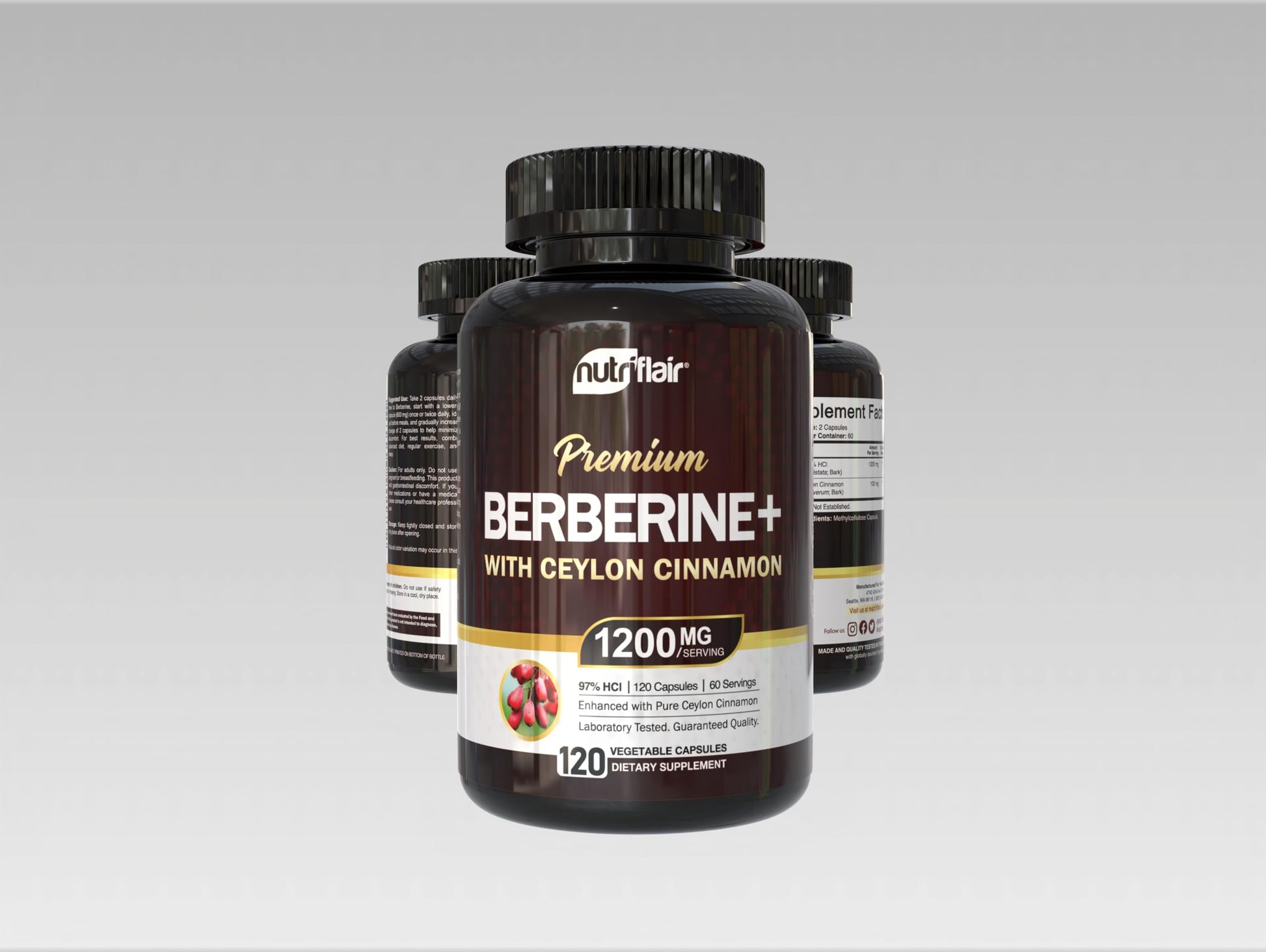 NutriFlair Berberine 97% HCl with Ceylon Cinnamon Supplement, 120 Capsules – High Potency, Premium Quality, Vegan-Friendly – 60 Servings - Medaid International