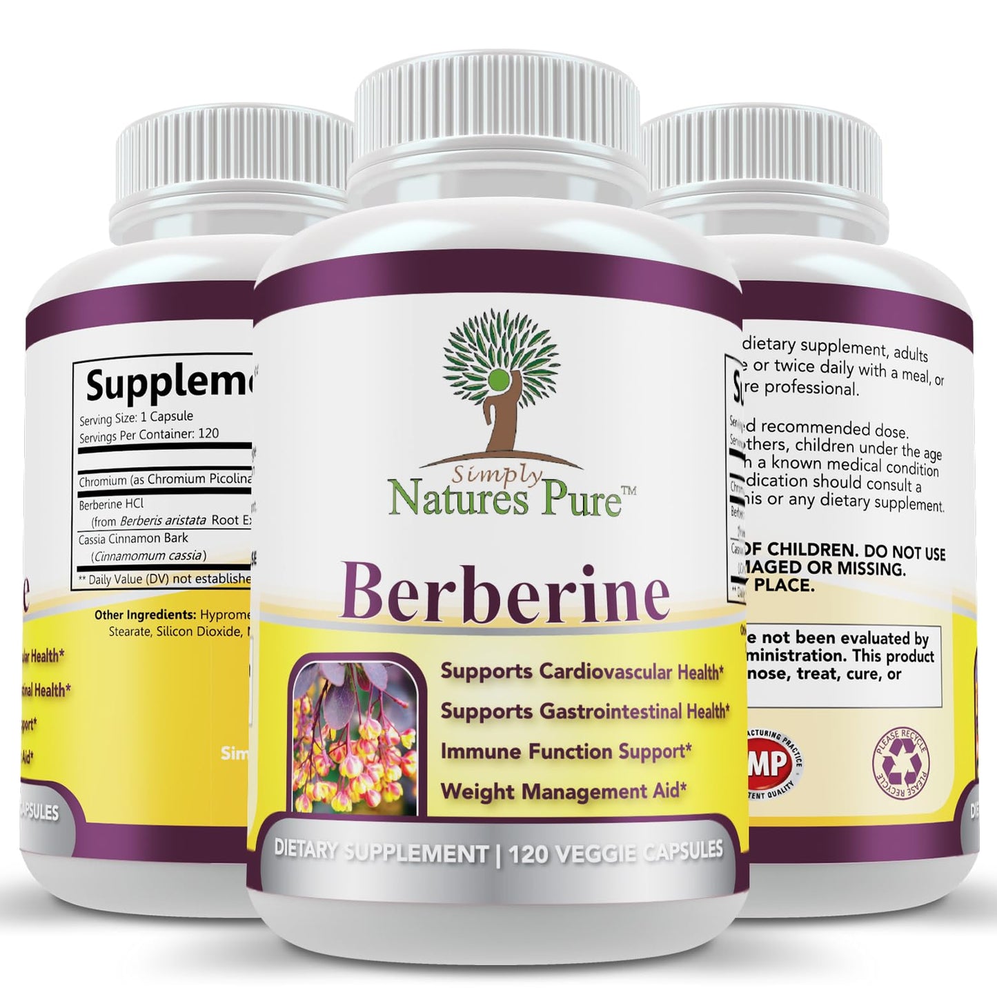 Simply Natures Pure Premium Berberine HCl 500mg - 120 Capsules - Cardiovascular Gastrointestinal Immune Support - Chromium Cinnamon - Medaid International
