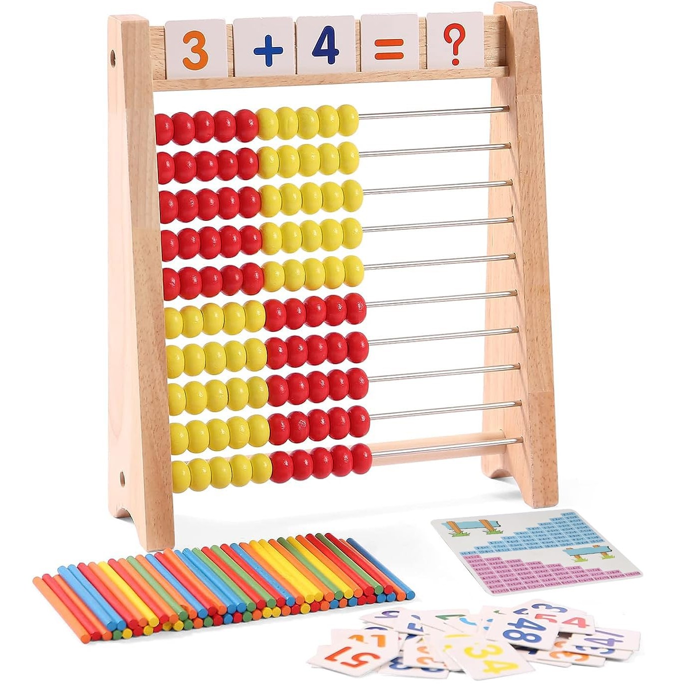 Elvozvets Wooden Abacus for Kids - Math Learning Tool with Counting Sticks & Numbers 1-100 Cards & Counters - Educational Toy for Preschool Boys & Girls - Medaid International
