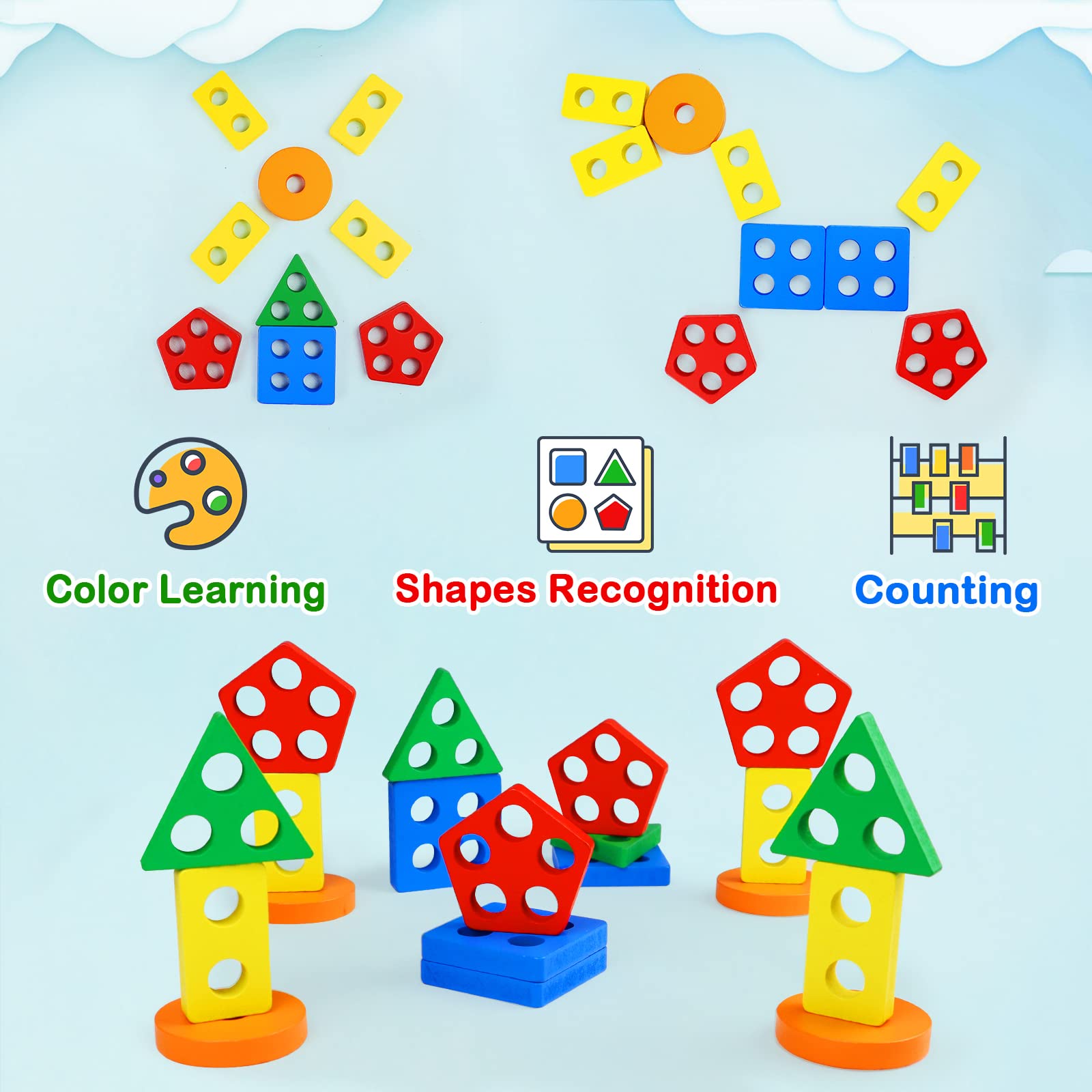 PEBIRA Montessori Toys for 1 to 3-Year-Old Boys Girls Toddlers, Wooden Sorting & Stacking Toys for Toddlers and Kids Preschool, Educational Color Recognition Shape Sorter, Learning Puzzles Gift - Medaid International