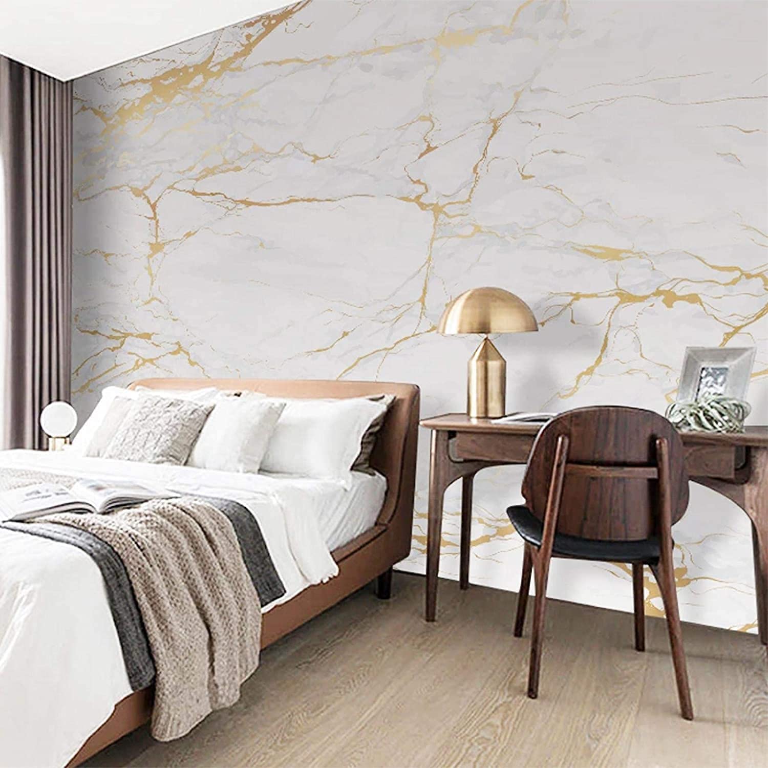 WALLTON Wall Stickers Marble (16 x 48 Inches) Jade Kitchen Counter, Cabinet Makeover, Almirah, Plastic & Wooden Tabletop, Wardrobe, PVC DIY Self Adhesive - White, Golden Marble Matte - Medaid International