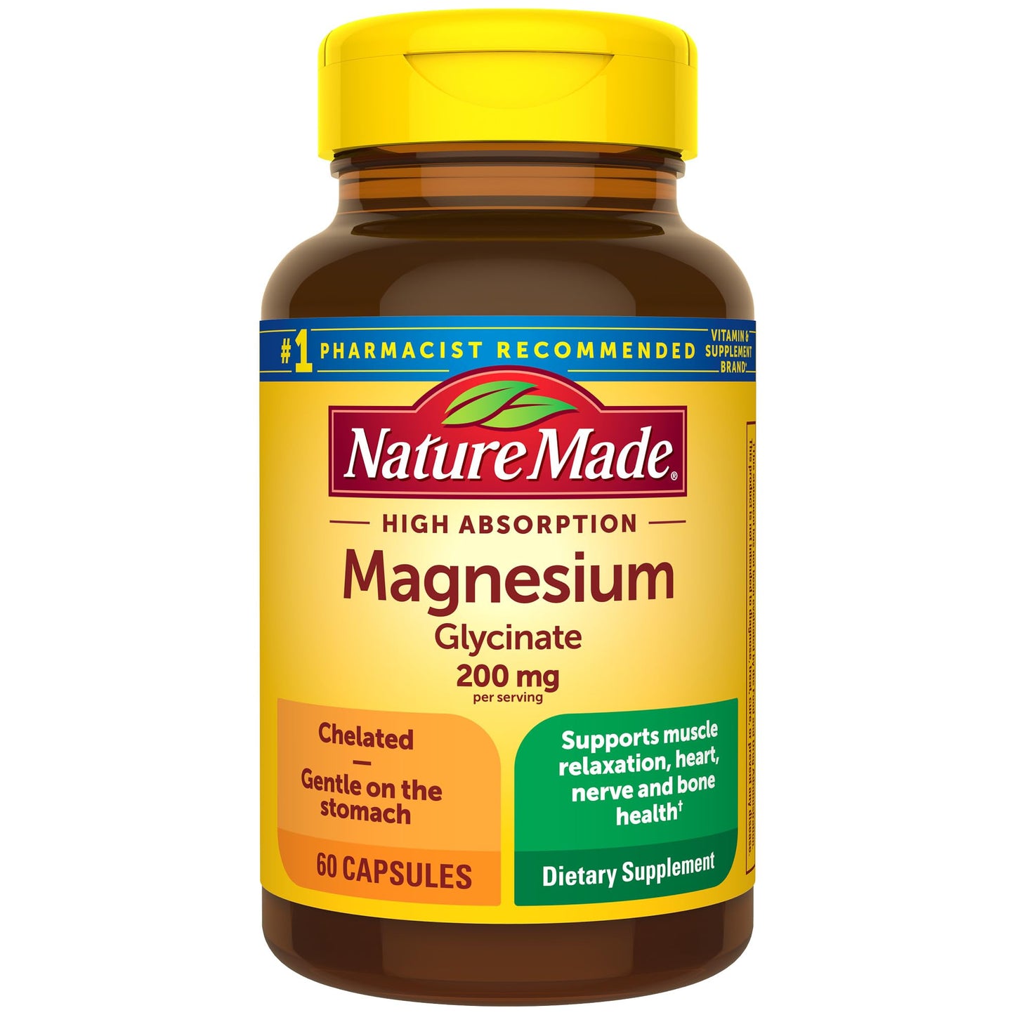 Nature Made Magnesium Glycinate 200 mg per Serving, Magnesium Supplement for Muscle, Heart, Nerve and Bone Support, 60 Magnesium Bisglycinate Capsules, 30 Day Supply - Medaid International